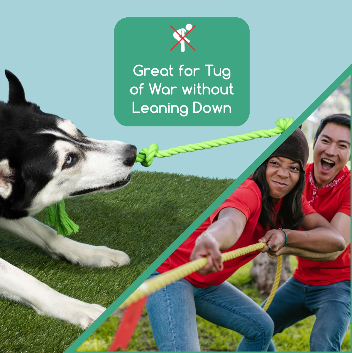 Tumbo Tough Tug Rope Dog Toy - (Green 5 ft Long Strong and Durable Rope Pull Toy with Handle) TUG of WAR Dog Toy