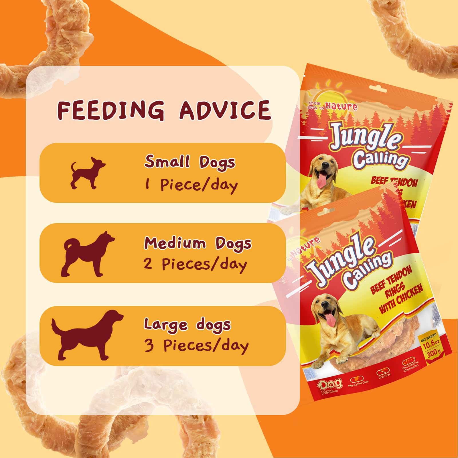 Jungle Calling Beef Tendons for Adult Dogs, Chicken Wrapped Tendons Dog Chews Long Lasting Hip and Joint Supplement for Dogs wit