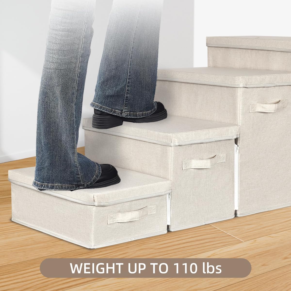Weavelyrics Dog Stairs With Storage, Folding Pet Steps With Zip For Small Dogs And Cats, 4-Step Pet Stairs With Pet House For Hi
