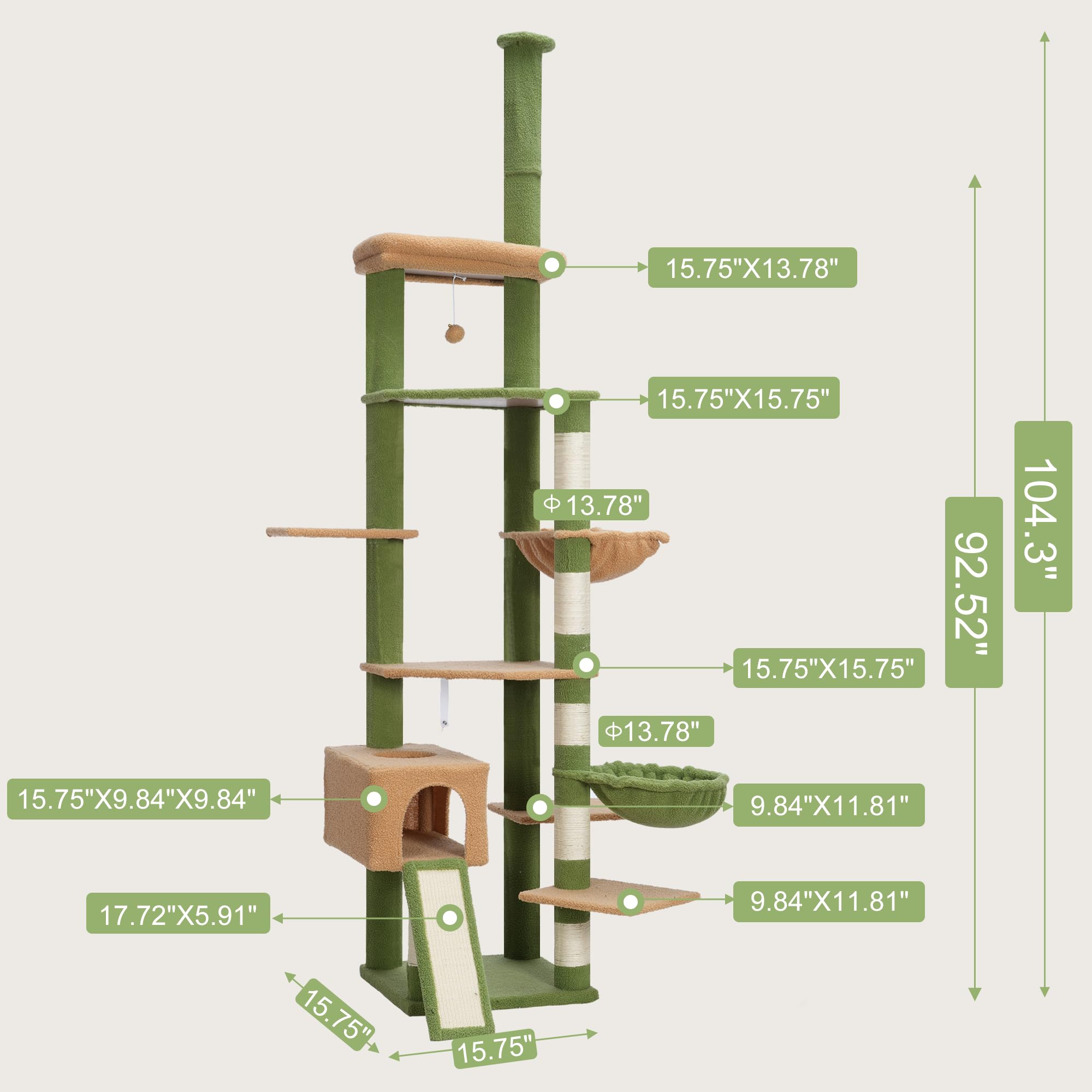 Hebly Cat Tree 92.5-104.3 Inches With Hammock, Floor To Ceiling Cactus Cat Condo,Tall Cat Climbing Tower Adjustable With Scratch
