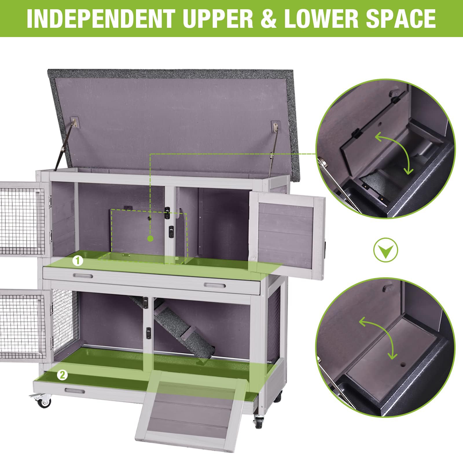 Rabbit Hutch Bunny Cage, Guinea Pig Cage Bunny Hutch Indoor, Wood Pet Cage With 4 Casters -2 Story & 2 Trays