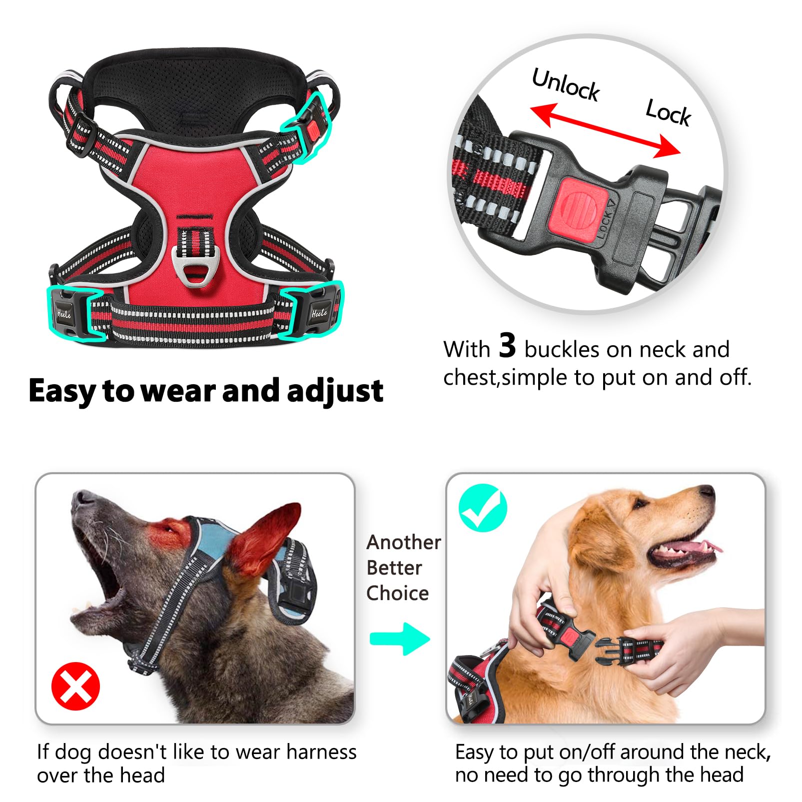 Timos Dog Harness Large Sized, No Pull Dog Harness With Neck Lockable Snap,No Choke Front Clip Dog Reflective Harness,Adjustable