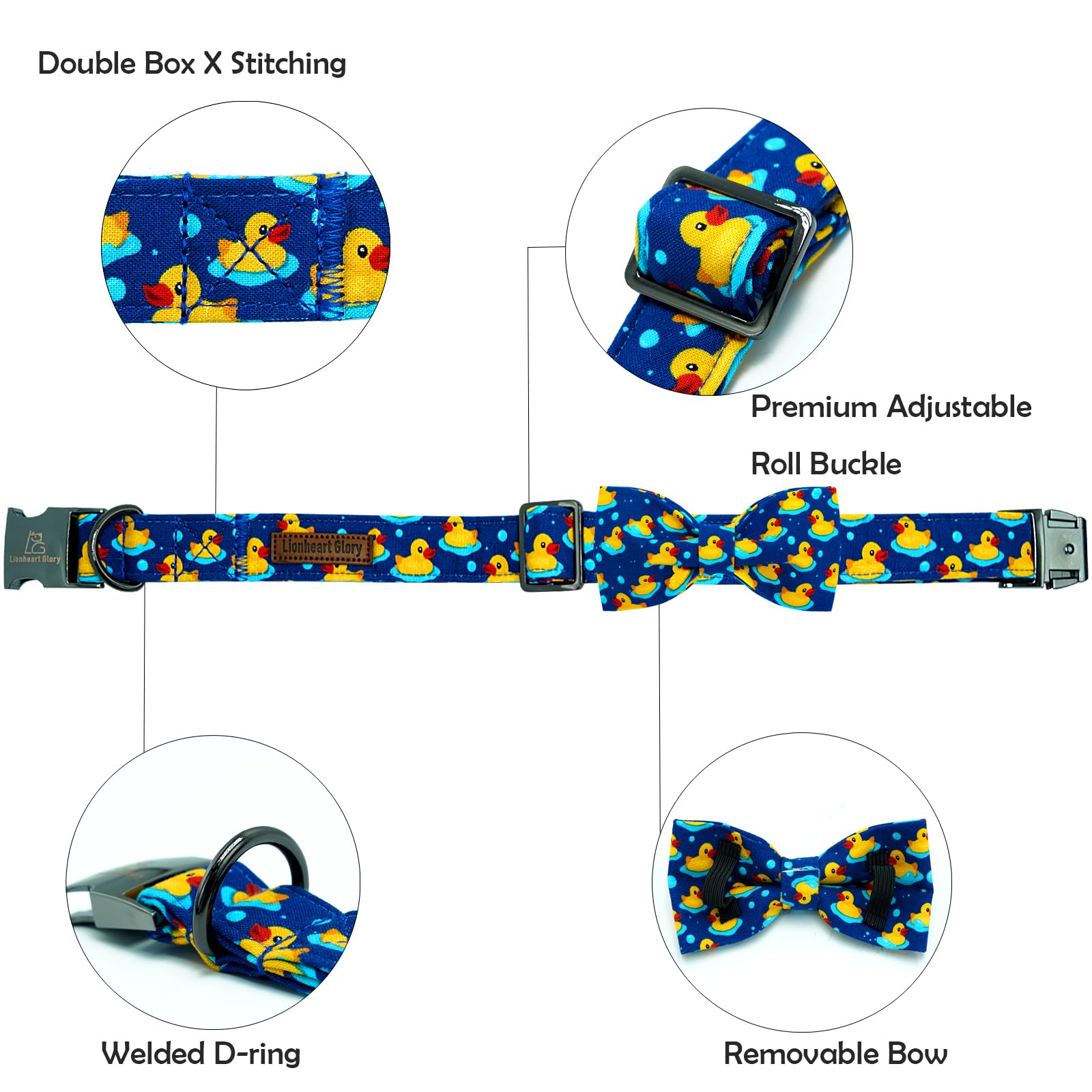 Lionheart Glory Dog Bow Collar Ducky Pattern Cute Boy Collars For Small Dogs,Soft Duty Adjustable Dog Collar With Bowtie Spring