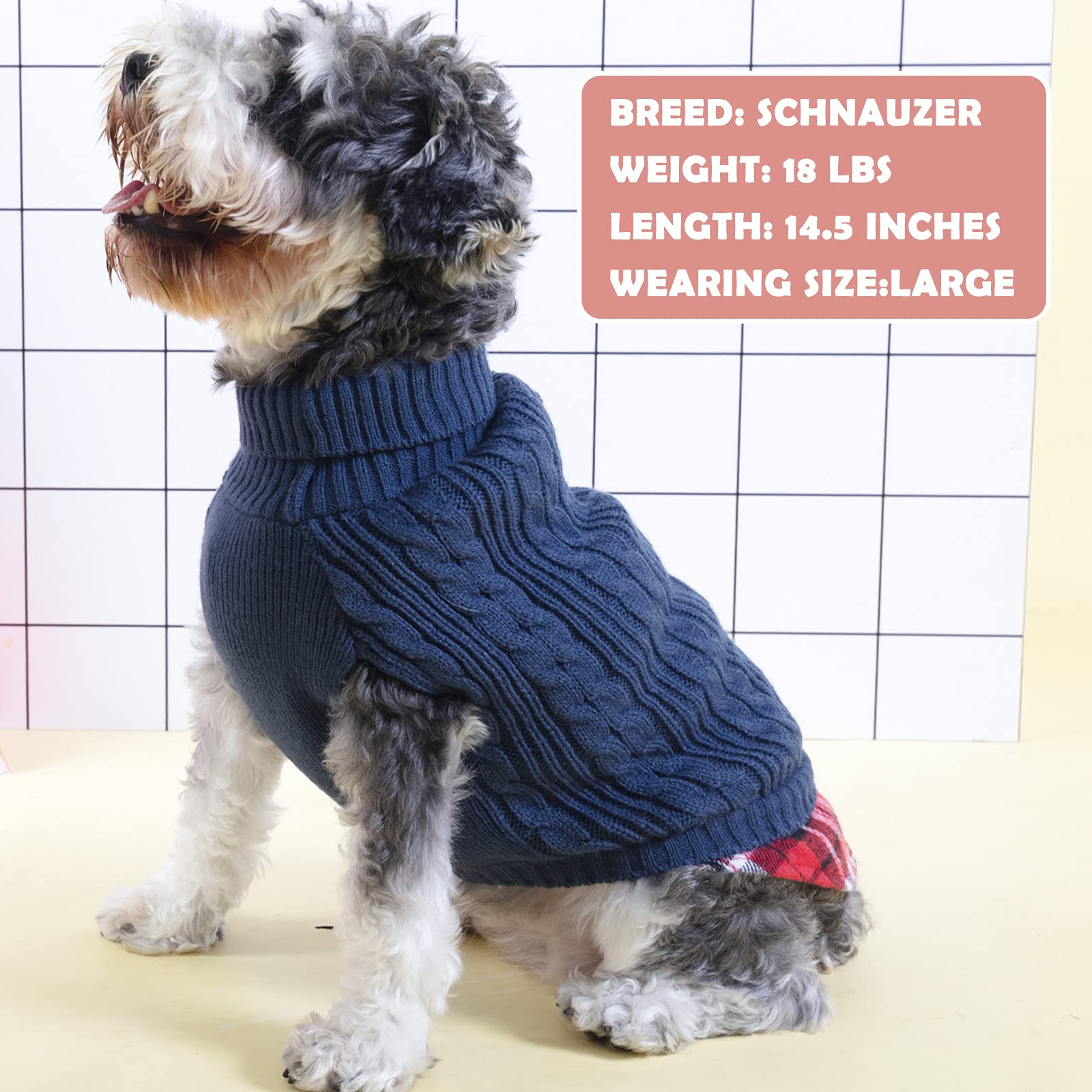 Kyeese Dog Sweaters For Small Dogs Navy Blue With Leash Hole Turtleneck Dog Pullover Sweater With Gingham Patchwork Knit Warm Puppy Sweater