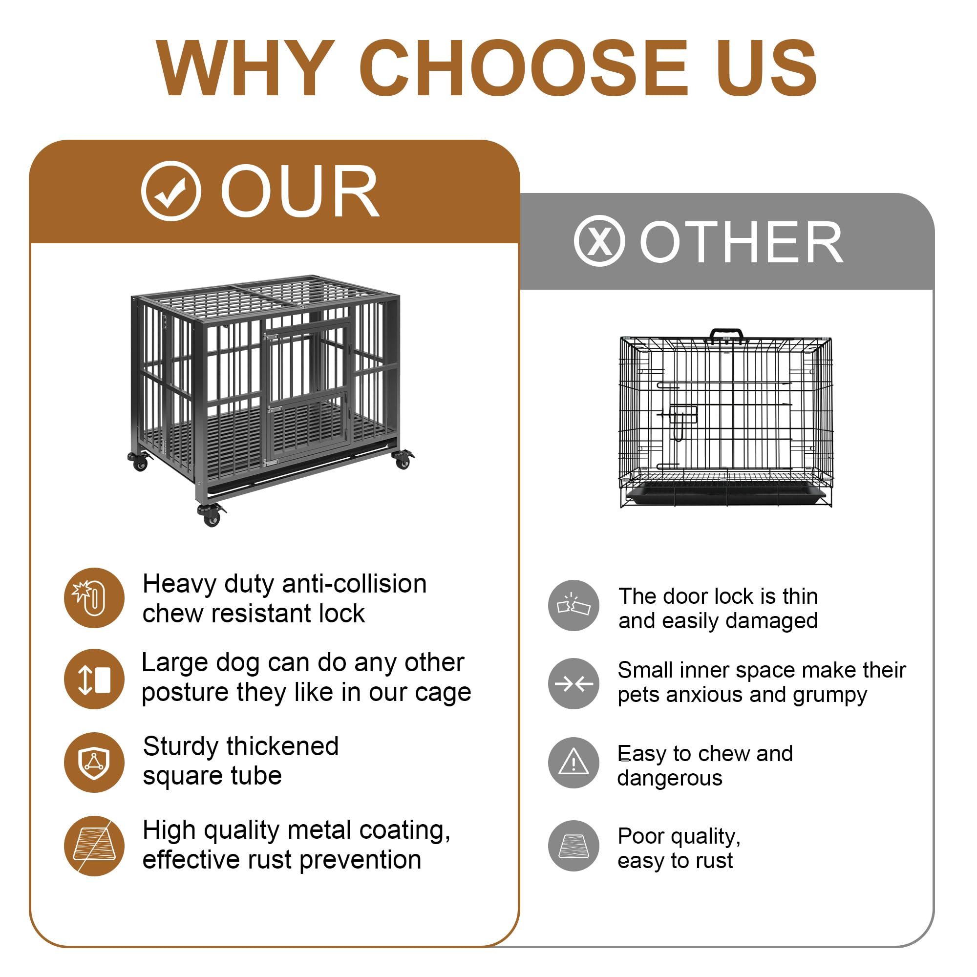 Polar Aurora Heavy Duty Dog Crate, Foldable Indestructible Dog Kennel, Escape Proof Extra Large Dog Cage With Lockable Wheels, H