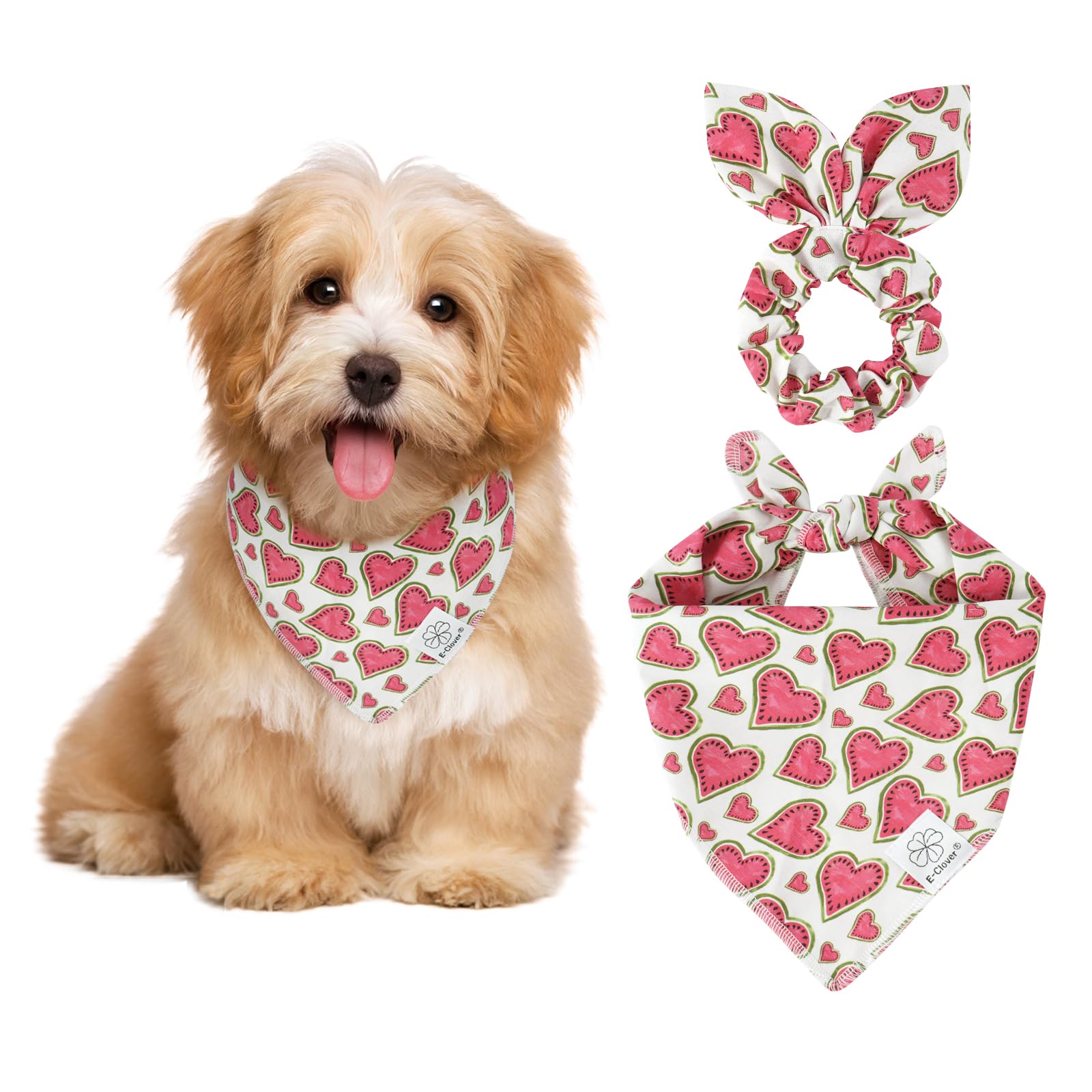 E-Clover Pink Watermelon Dog Bandanas & Matching Scrunchie Set Cute Heart Dog Scarf Bibs Pet Bandana With Bow Tie For Small Dogs