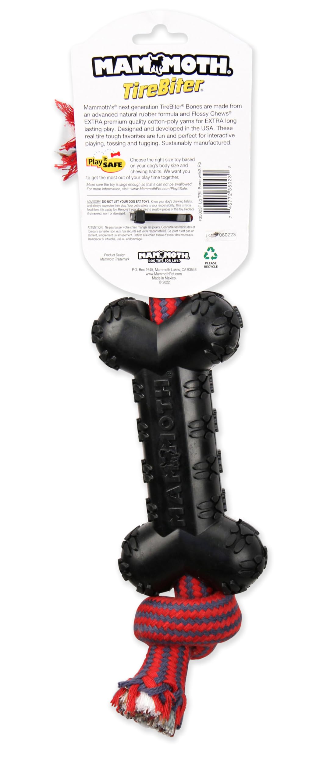 Mammoth Pet Products Tirebiterii Bone With Extra Cotton-Poly Rope “ Natural Rubber Dog Toys For Extreme Chewers “ Aggressive Chewer Toys For Dogs - Large 15, Black (35023F)