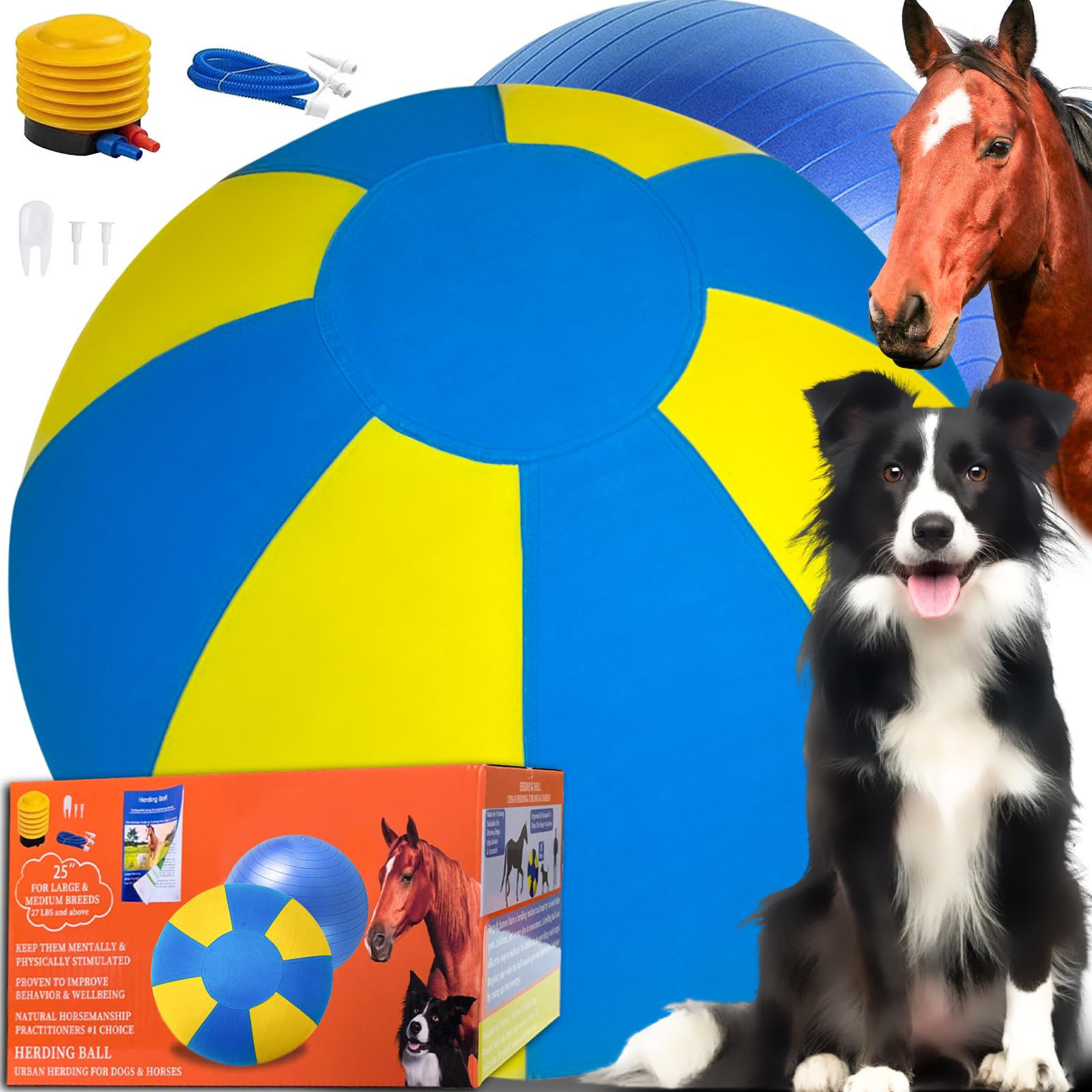 Herding Ball For Dogs, Dual Layered Set For Australian Shepherd, Cattle, Collie, Agility Equipment-Free Training Book (Blue & Ye