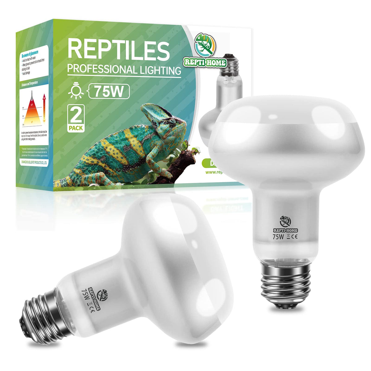 REPTI HOME Intense Reptile Heat Lamp Bulbs -2 Pack 75W, Reptiles & Amphibians UVA Basking Spot Lamp Bulb,Simulate Natural Sunlig