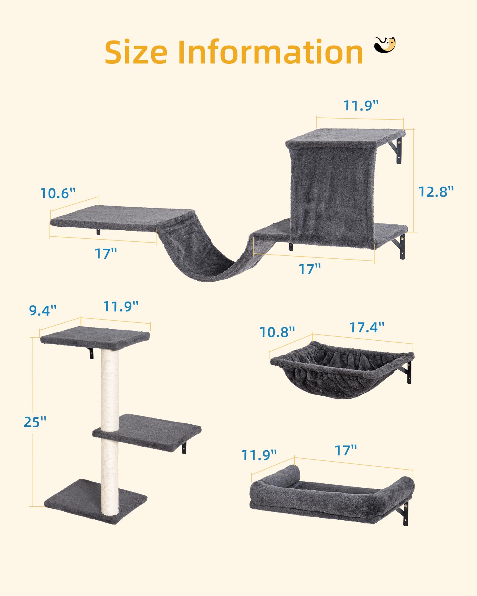 Aechonow Wall Mount Cat Shelves with Big Hammock for Large Adults, 5-in-1 Wall Cat Furniture Set with Sisal Scratch Tree for Ind
