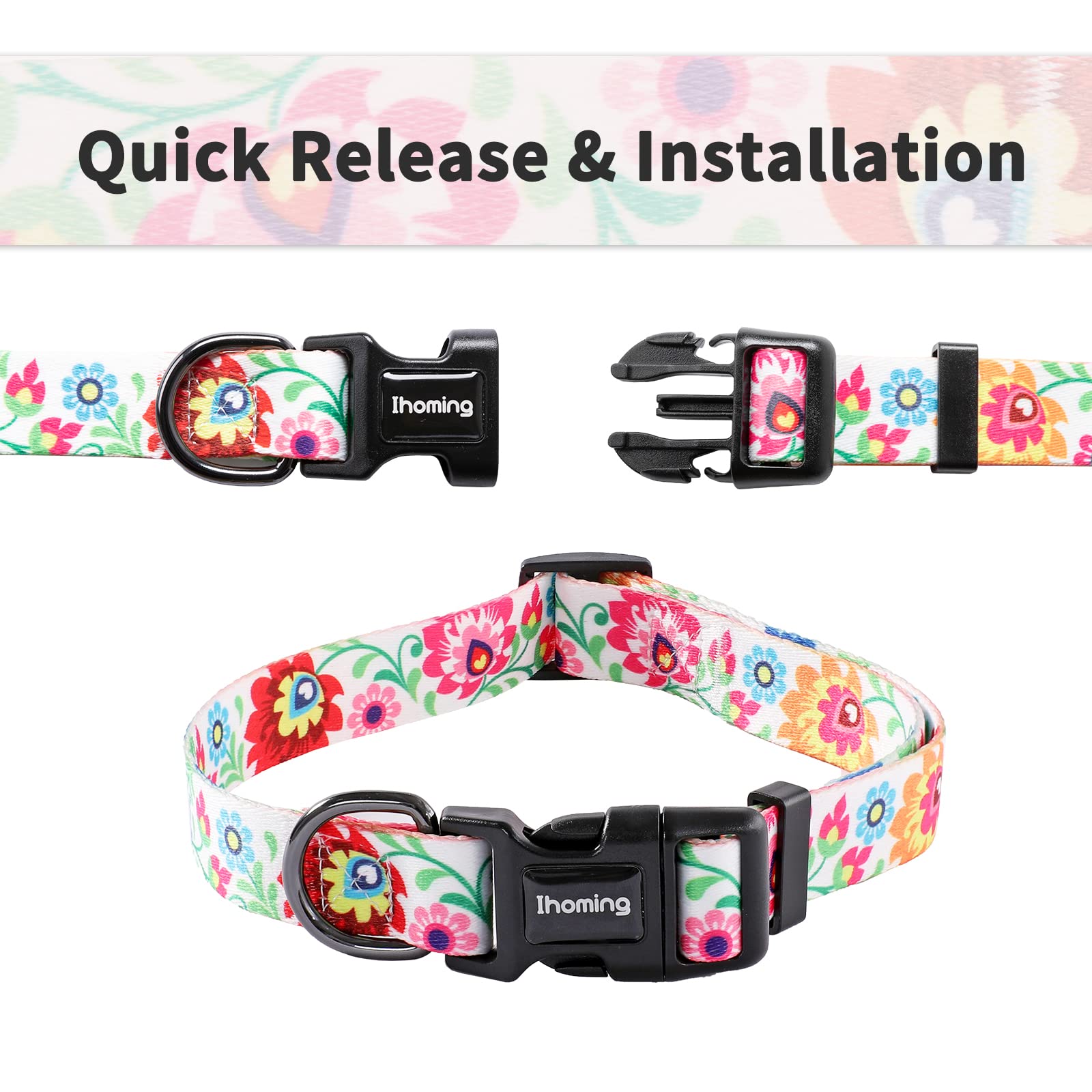 Ihoming Puppy Collar and Leash Set for Daily Outdoor Walking Running Training, White Colorful Flowers Design for Extra Small Boy