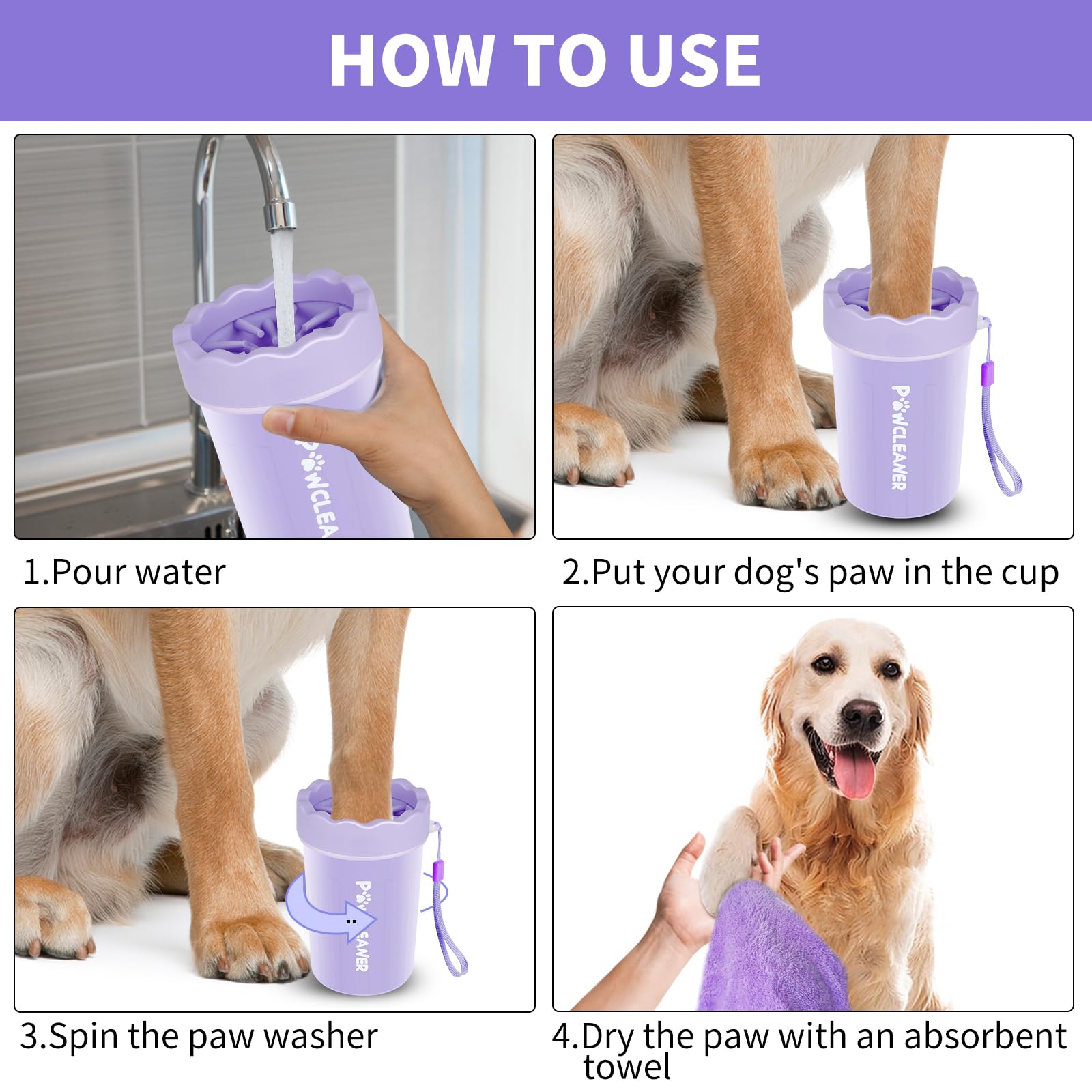 Dog Paw Cleaner For Dogs, (With 3Pcs Absorbent Towels & Adjustable Bath Brush) Dog Paw Washer, Pet Foot Cleaner (Purple, Medium)