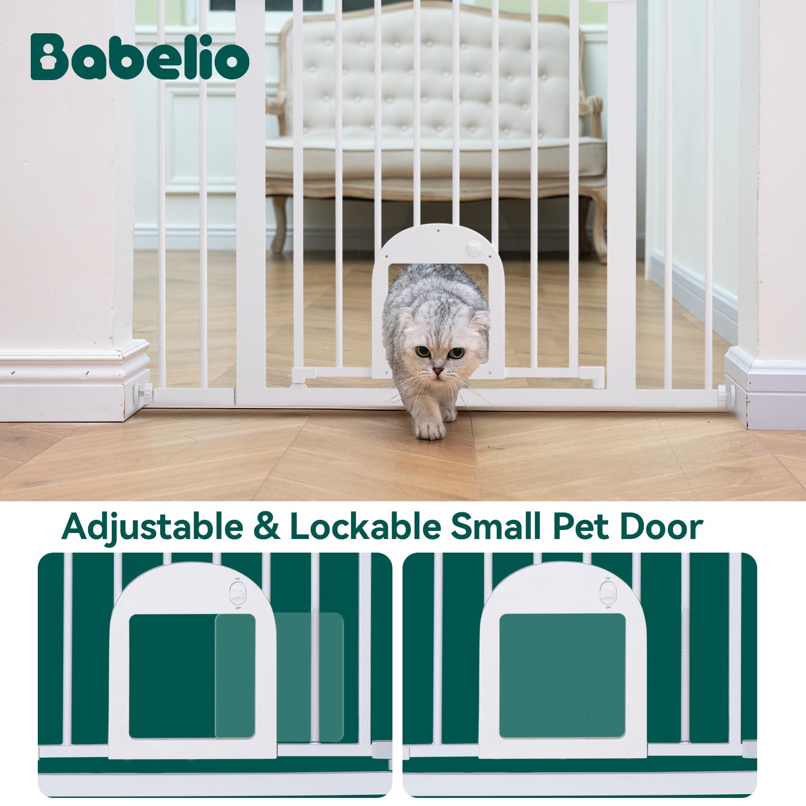 Babelio 36' Tall Upgraded Baby Gate With Cat Door, 29-43' Auto Close Durable Dog Gate For Stairs, Doorways And House, Easy Walk Thru Safety Gate With Pet Door Includes 4 Wall Cups, White