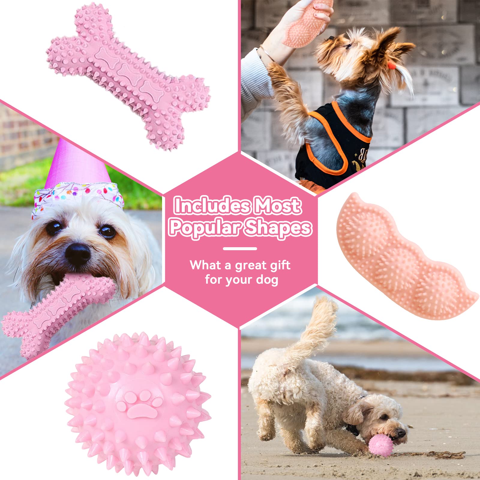 Petcare 6 Pack Puppy Chew Toys For Teething Cute Pink Puppy Toys Small Dog Toys Soft Rubber Rope Dog Toys Funny Bone Ball Cleani