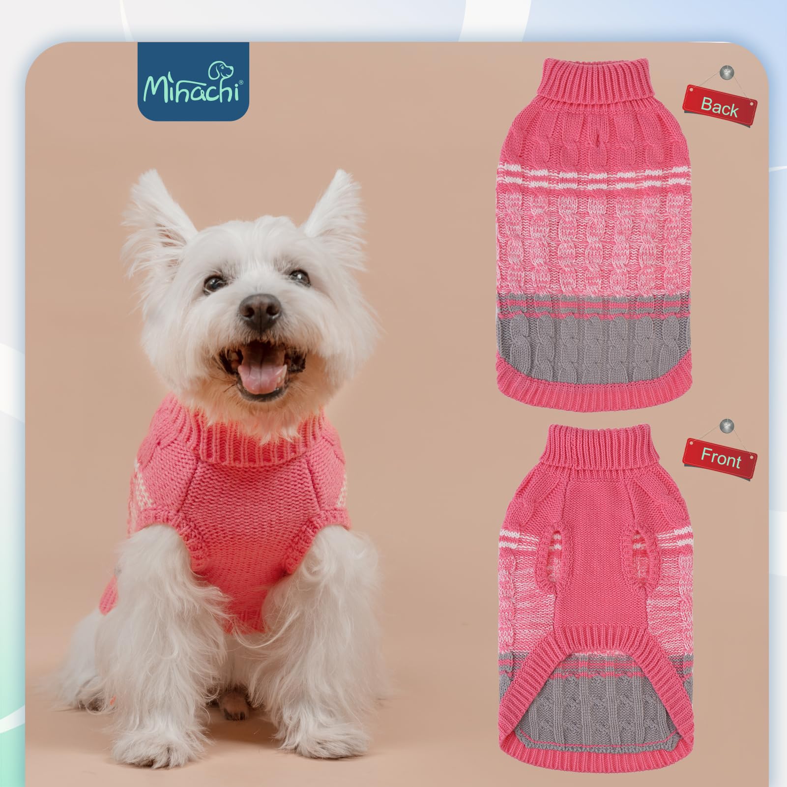 Mihachi Medium Dogs' Pink Turtleneck Sweater - Soft, Warm Knit Dog Coat With Leash Hole For Cold Weather, Fits Large, Cat Or Pup