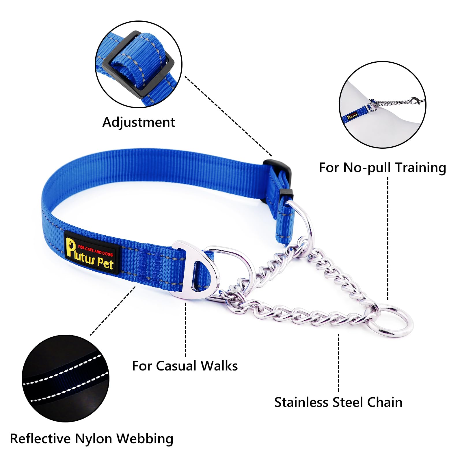 Plutus Pet Martingale Dog Collar with Stainless Steel Chain and Reflective Nylon, Adjustable No Pull Training Collar, for Small