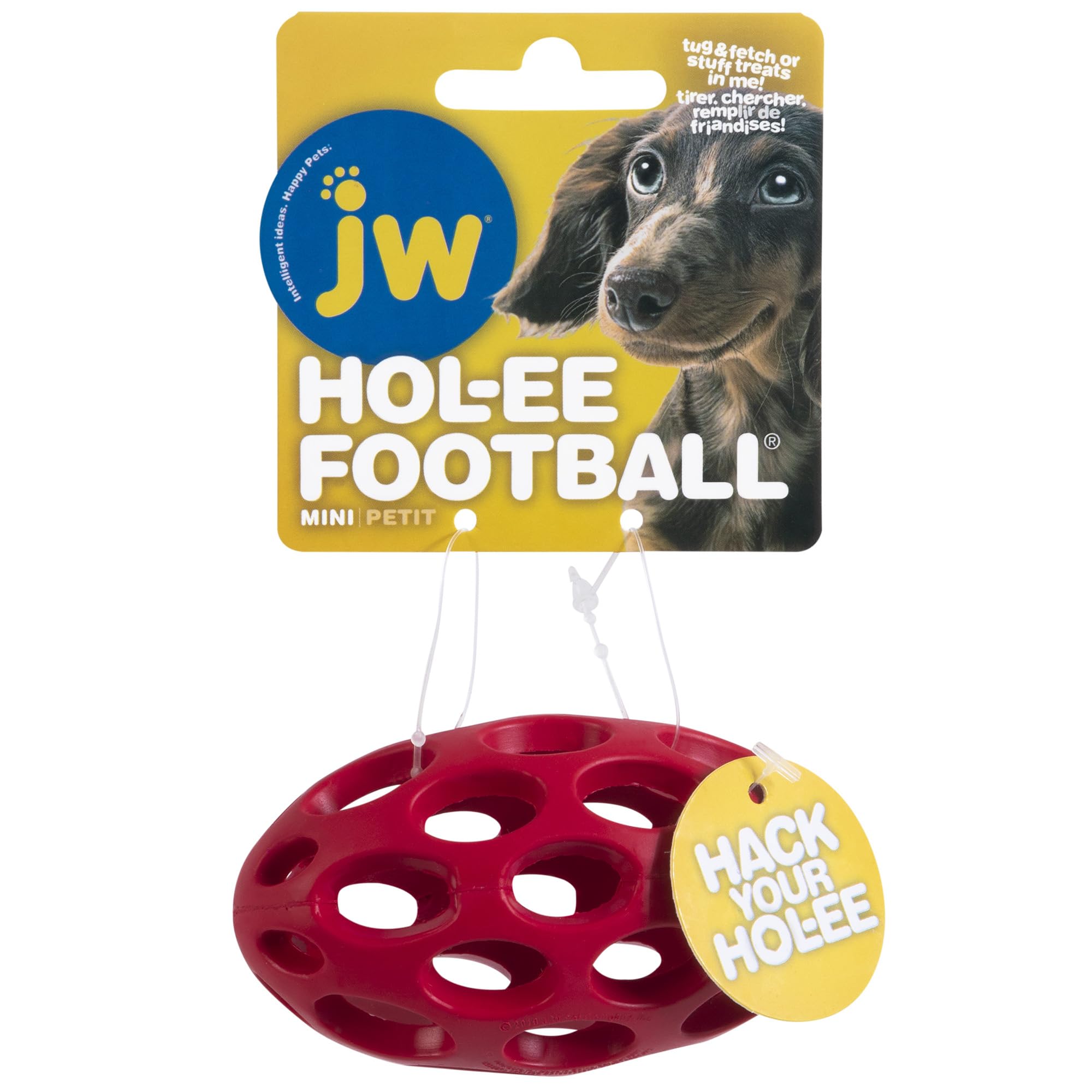JW Pet Hol-ee Football Dog Toy Puzzle Ball, Natural Rubber, Mini (5.25 Inch Length), Colors May Vary