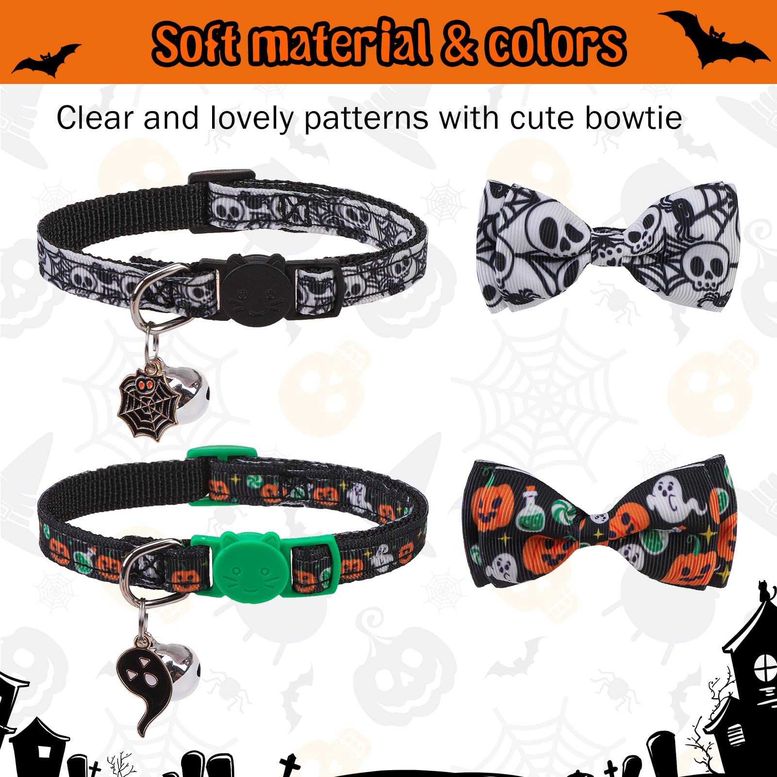 Scenereal Cat Collar Breakaway Halloween Theme 3 Pack, Safety Collars, Pet Accessory For Outdoor And House Cats Kittens, White B