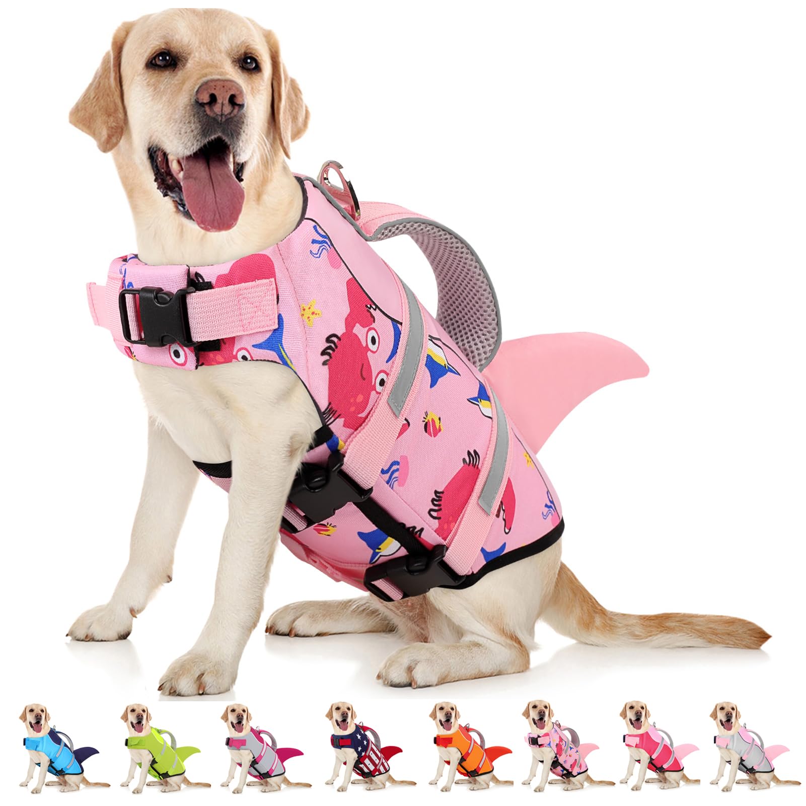 Aofitee Dog Life Jacket, Dog Life Vest For Swimming, Shark Dogs Swimming Vest With Rescue Handle And Reflective Stripe, Ripstop 