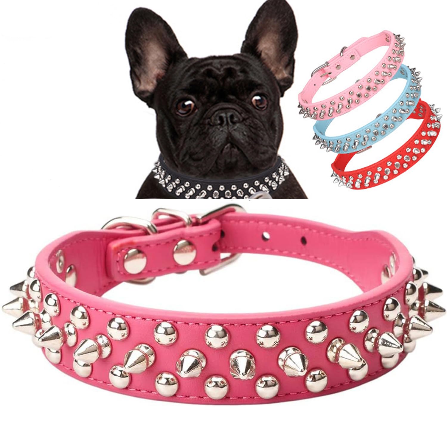 Serijoars Spiked Dog Collar Soft Pu Leather Mushrooms Rivet Spike Studded Dog Collar Adjustable Puppy Collars (M, Hot Pink)