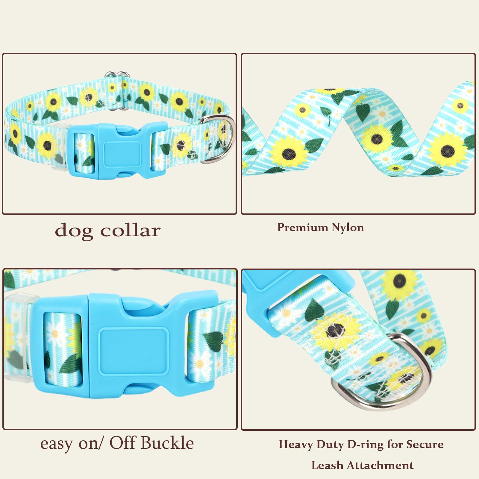 Bule Dog Collars For Medium Dogs,Cute Girl Dog Collar With Sunflower Patterns,Adjustable Comfy Soft Durable Pet Collar For Small