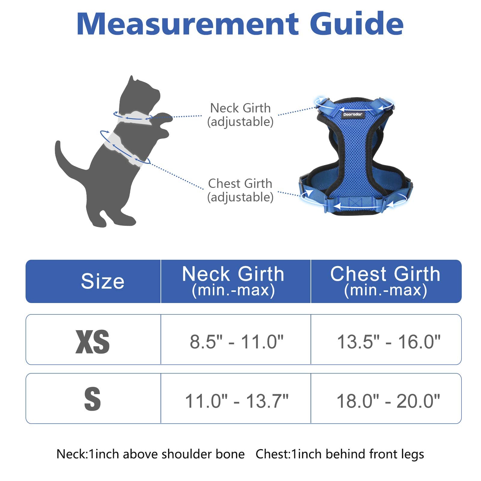 Dooradar Cat Harness and Leash Set, Adjustable XS Blue Nylon Vest with Reflective Strips, Escape Proof for Safe Walking