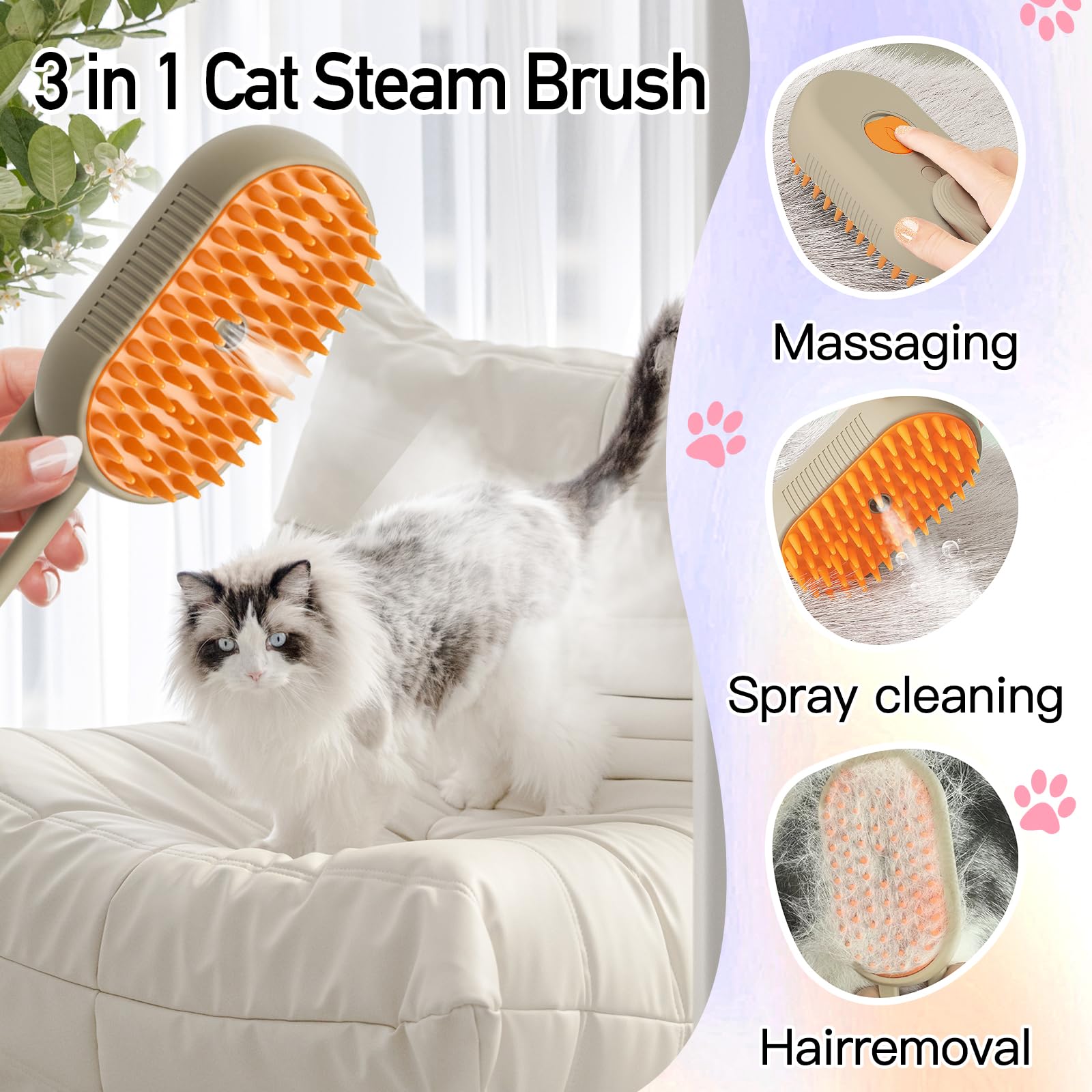 Steam Pet Brush, Steaming Cat Brush, 2025 New 3 In 1 Pet Steam Groomer Brushes, Lifweb-E-Comb,Massaging And Cleaning Hair Remova