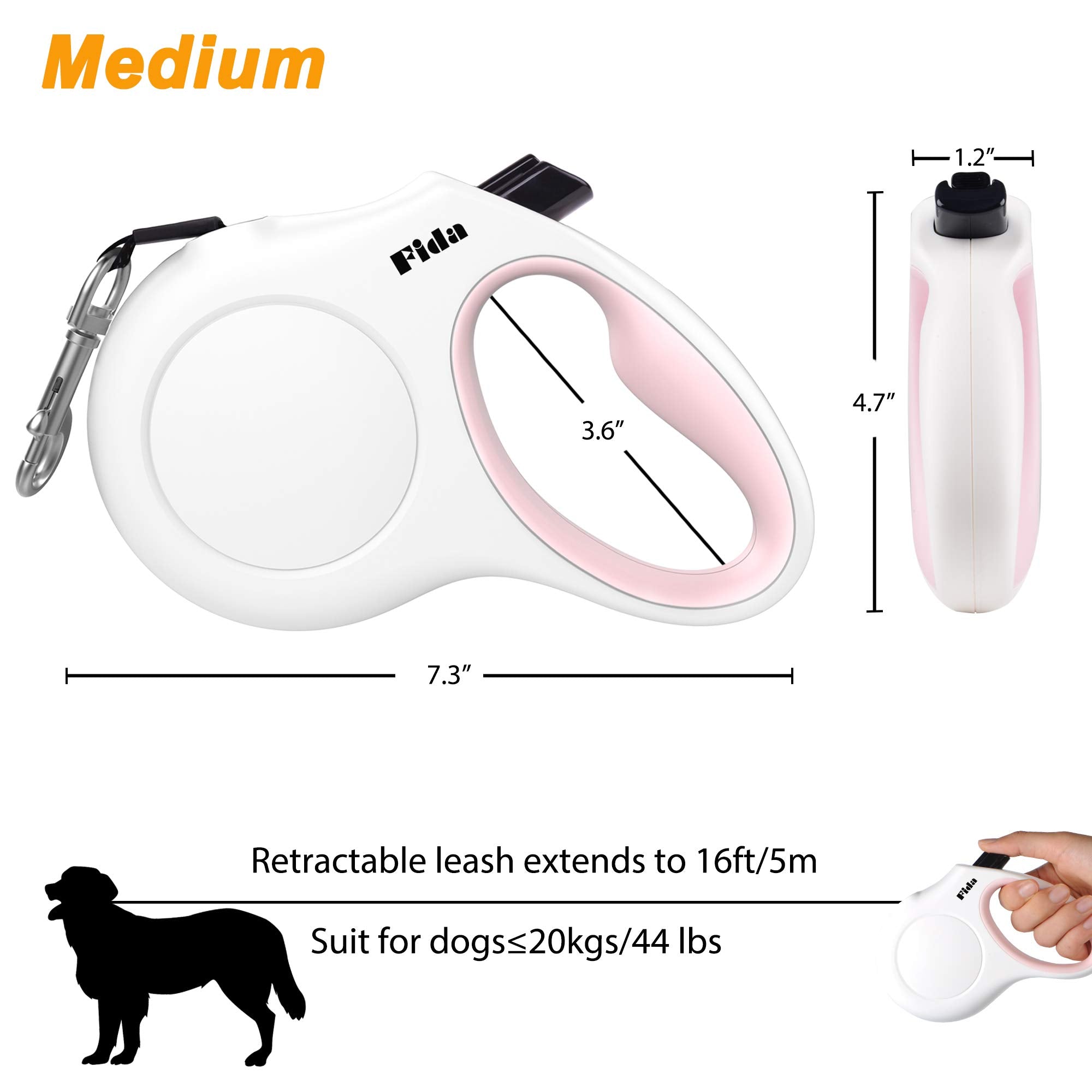 Fida Retractable Dog Leash With Dispenser And Poop Bags, 16 Ft Pet Walking Leash For Medium Dog Or Cat Up To 44 Lbs, Anti-Slip Handle, Tangle Free, Reflective Nylon Tape (M, White)
