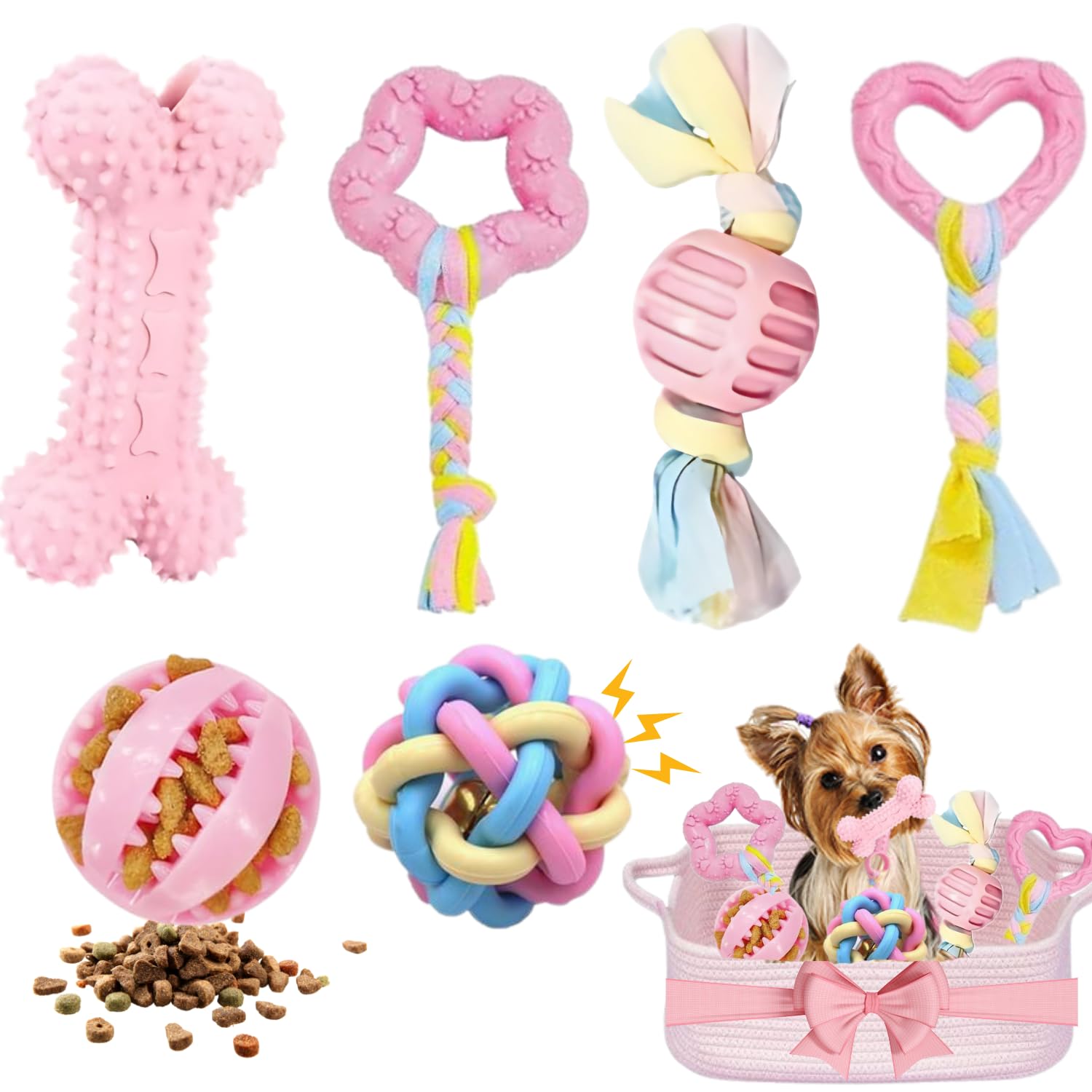 Pink Puppy Toys, 6- Pack Teething Chew Toys, Soft Durable Rubber Teething Toys For Puppies Small Breeds, Eco-Friendly, Interacti