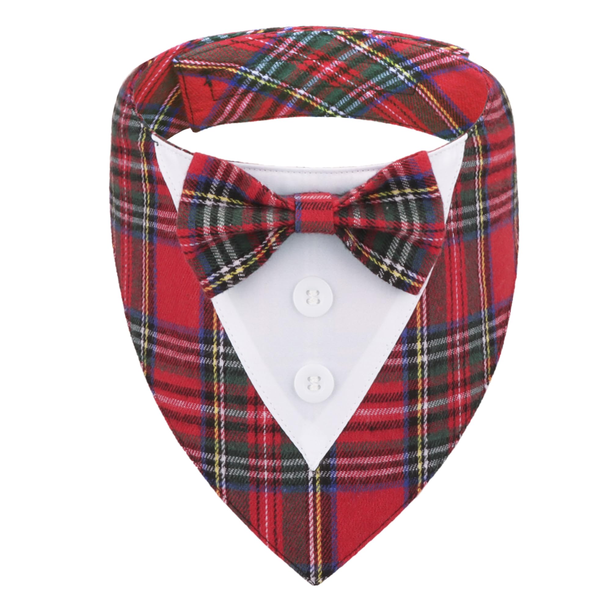 Adoggygo Christmas Dog Tuxedo Bandana, Red Plaid Pet Chritstmas Collar With Bowtie, Adjustable Christmas Costume For X-Small Dog
