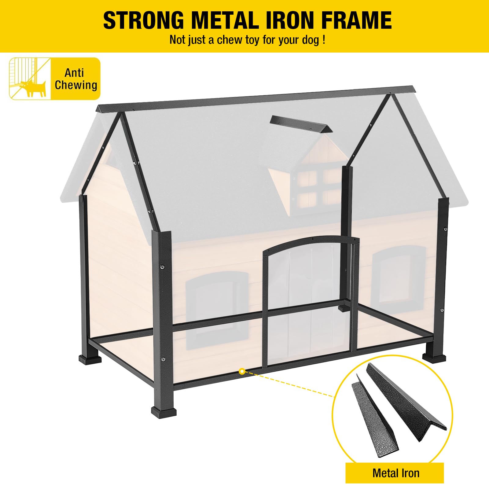 Aivituvin Large Dog House Anti-Chewing Metal Frame Design Insulated Wooden Dog Kennel With Unique Design Roof, Weatherproof Dog