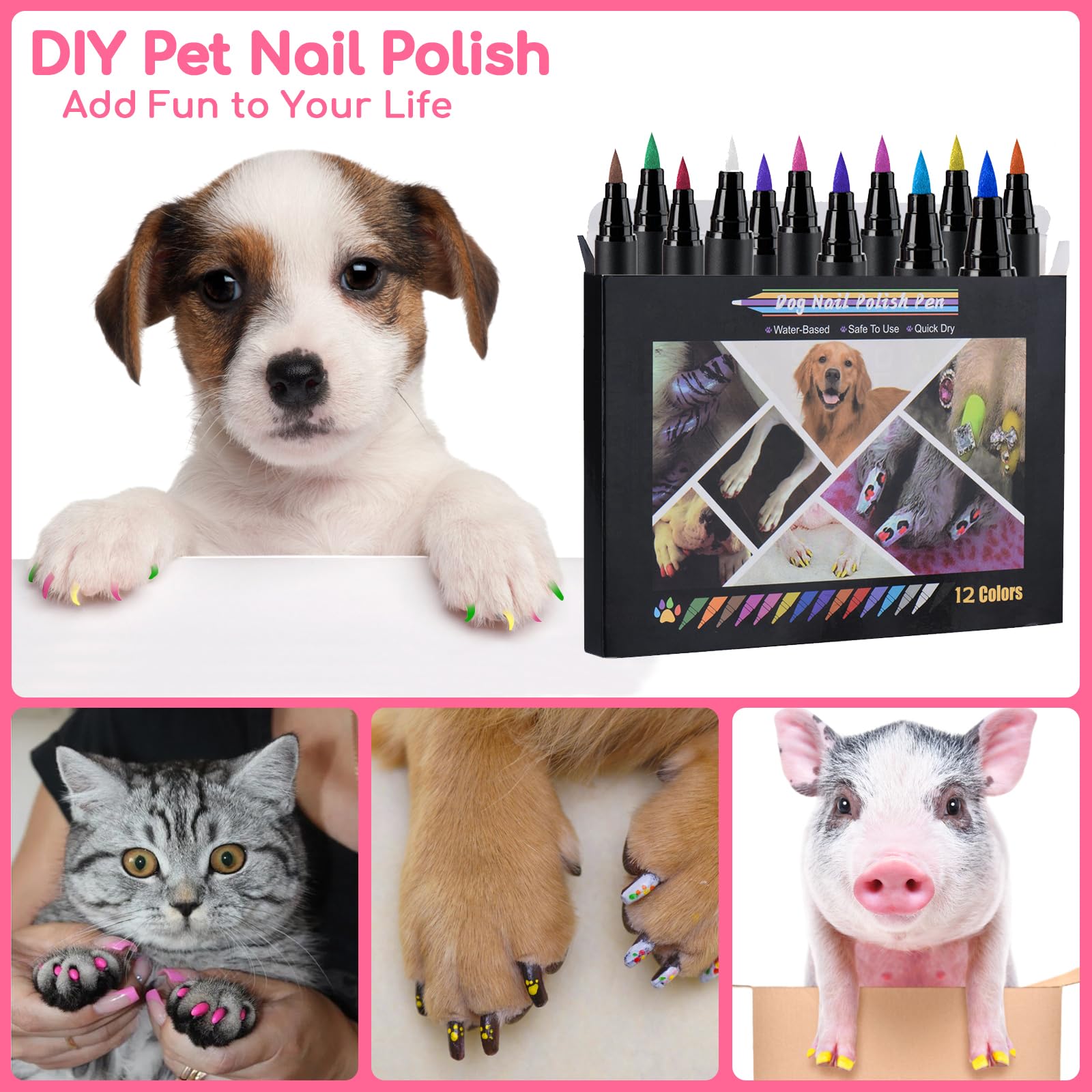 OLINGYOU Dog Nail Polish, Dog Nail Polish Pens Quick Dry-12 Colors, Pet Nail Polish Set for Dogs, DIY Dogs Puppy Nails, Dog Safe