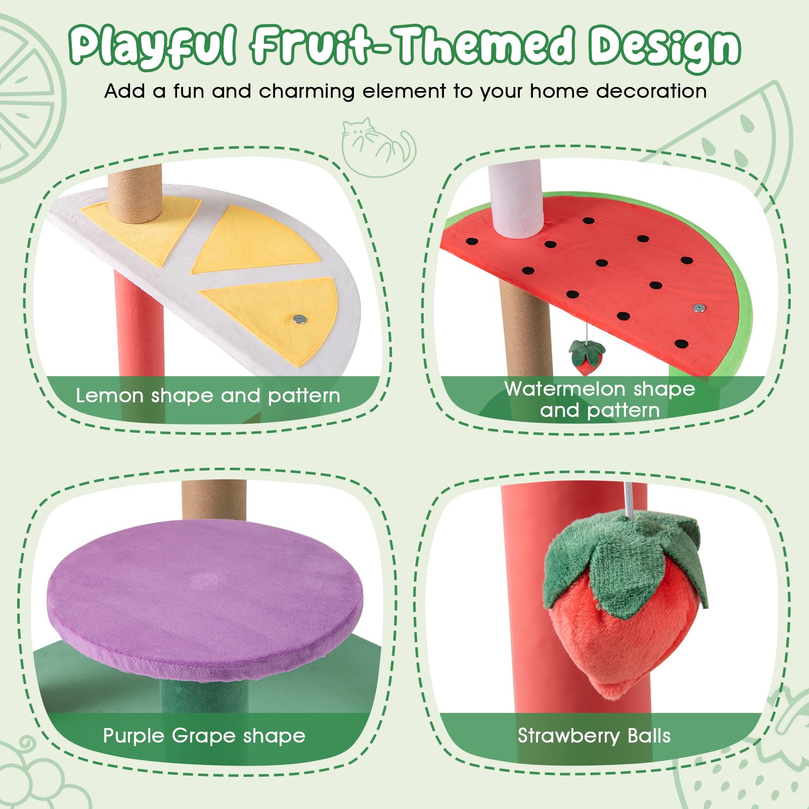 Tangkula Fruit Cat Tree, Multi-Level Cute Cat Tower with Scratching Posts, Padded Top Perch, Strawberry Dangling Balls, Watermel