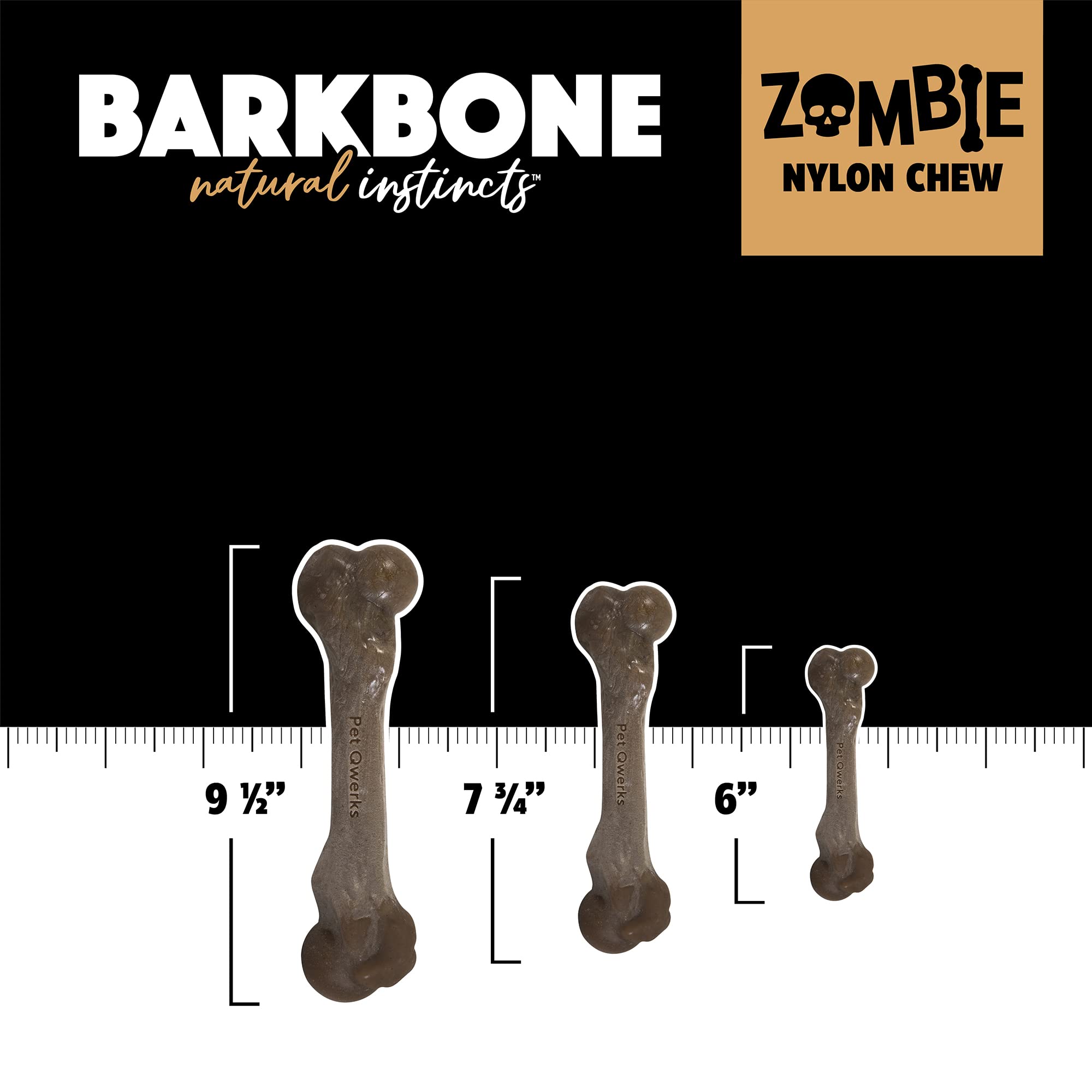 Pet Qwerks Zombie BarkBone - Nylon Dog Bone for Moderate Chewers - Bacon Flavor - 7.75, All Breed Sizes