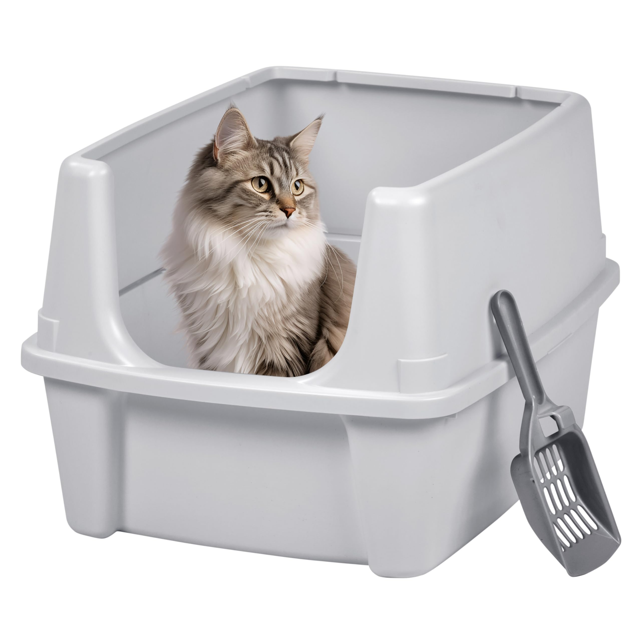 Iris Usa Large Cat Litter Box With Scatter Shield And Scoop, Open Top High Sided Cat Litter Pan, Silver