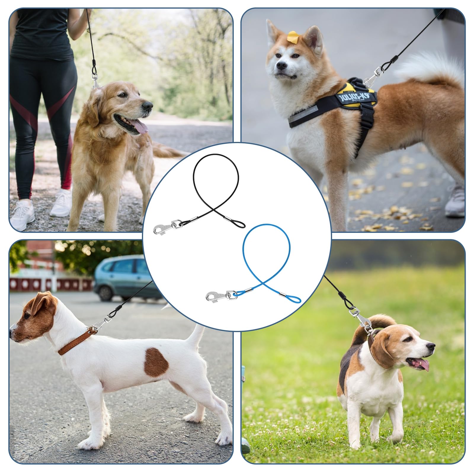 Kalione 2 Pack Chew Proof Dog Leashes Extension Metal Cable Leads, Non-Tangle Connect Leash For Any Leash, Heavy Duty Dog Leash