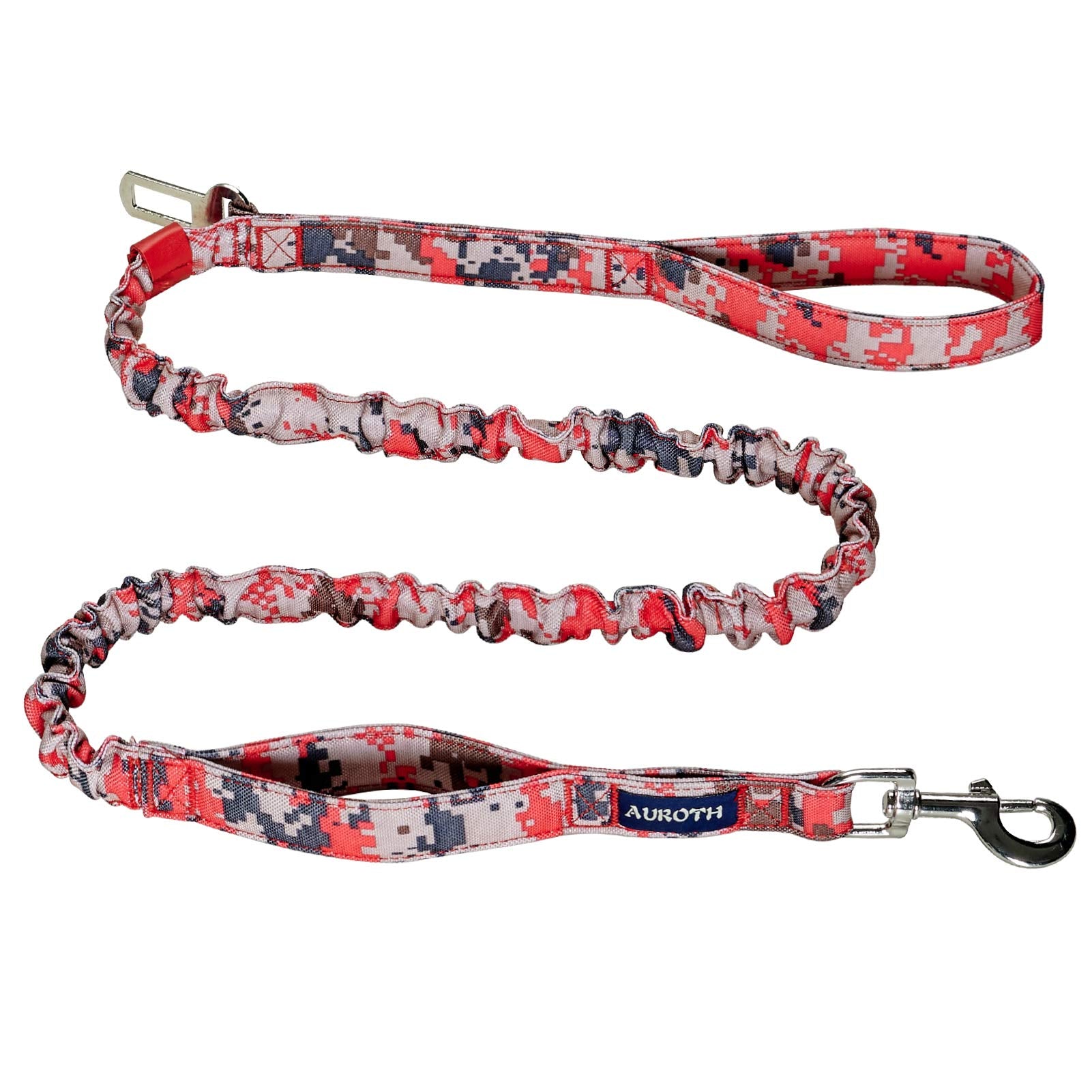 Auroth Heavy Duty Dog Leash - Bungee, No Pull For Shock Absorption, Red Camo, 6Ft, 2 Padded Handles