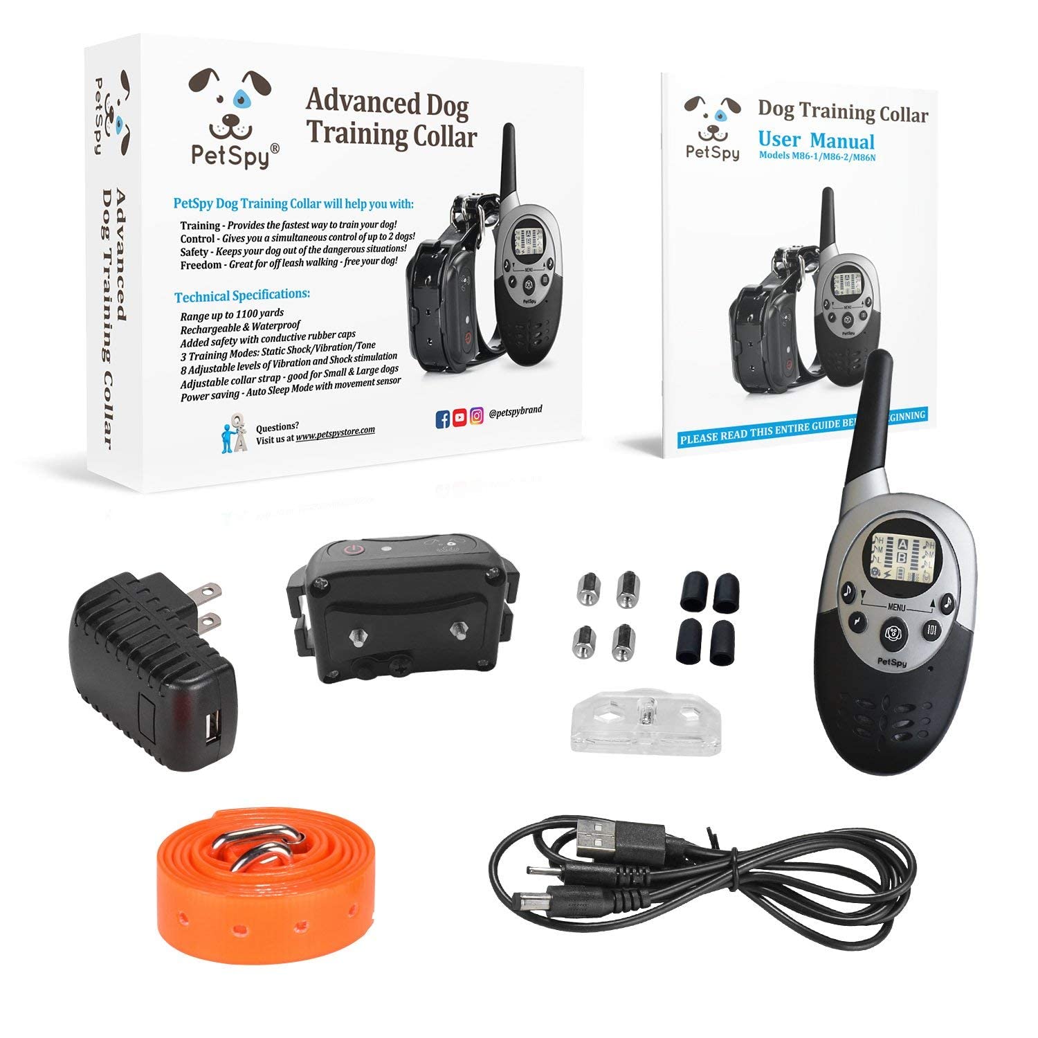 Petspy M86 Dog Training Shock Collar, 1100 Yards, Medium To Large Dogs, With Vibration, Electric Shock And Beep, Waterproof, Rem