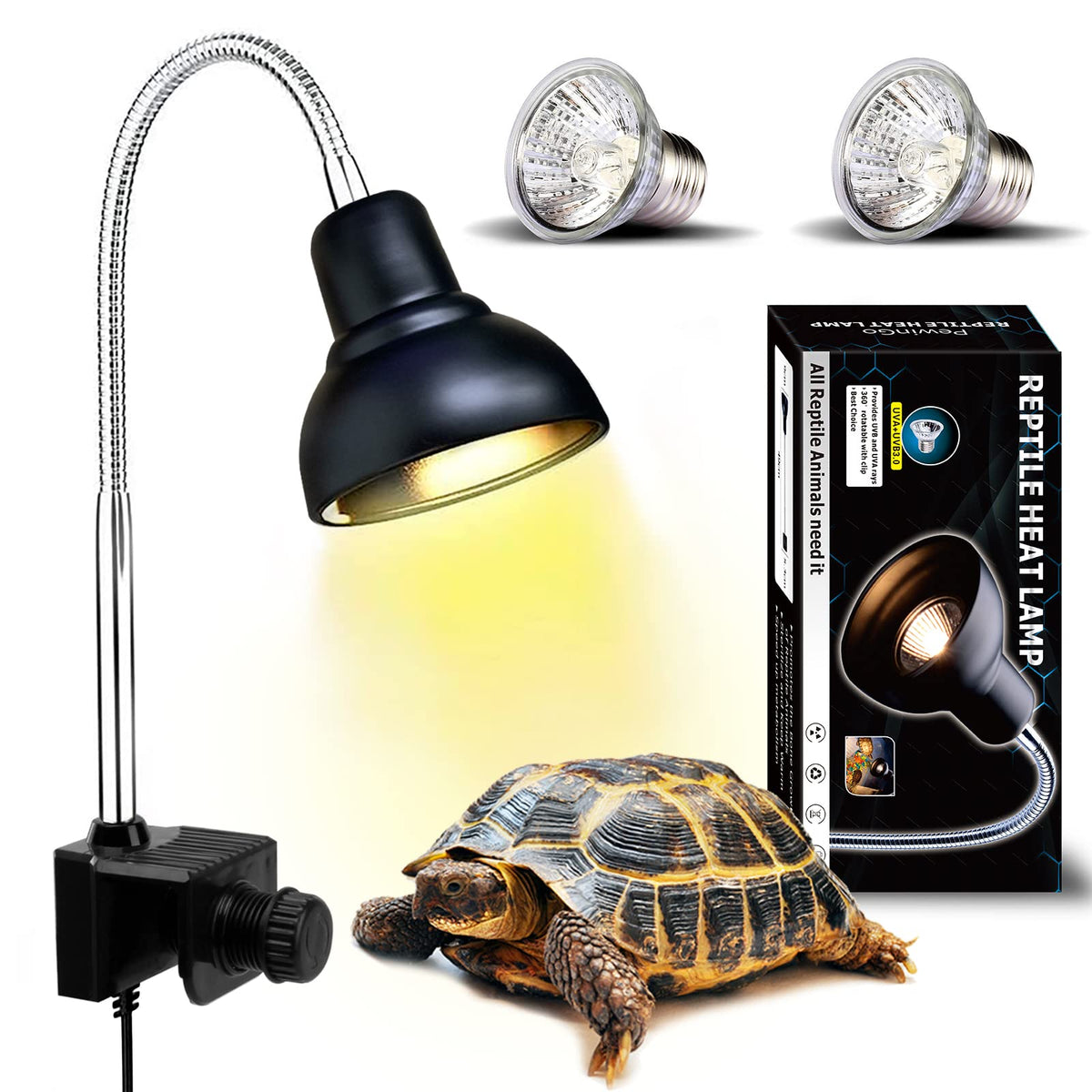 Pewingo Reptile Heat Lamp, Lamp For Aquarium Turtle Tank With 25W+50W Basking Spot Light Bulbs And 360° Swivel Clamp For Turtle, Snake, Lizard, Cockatoo, Chameleon Etc