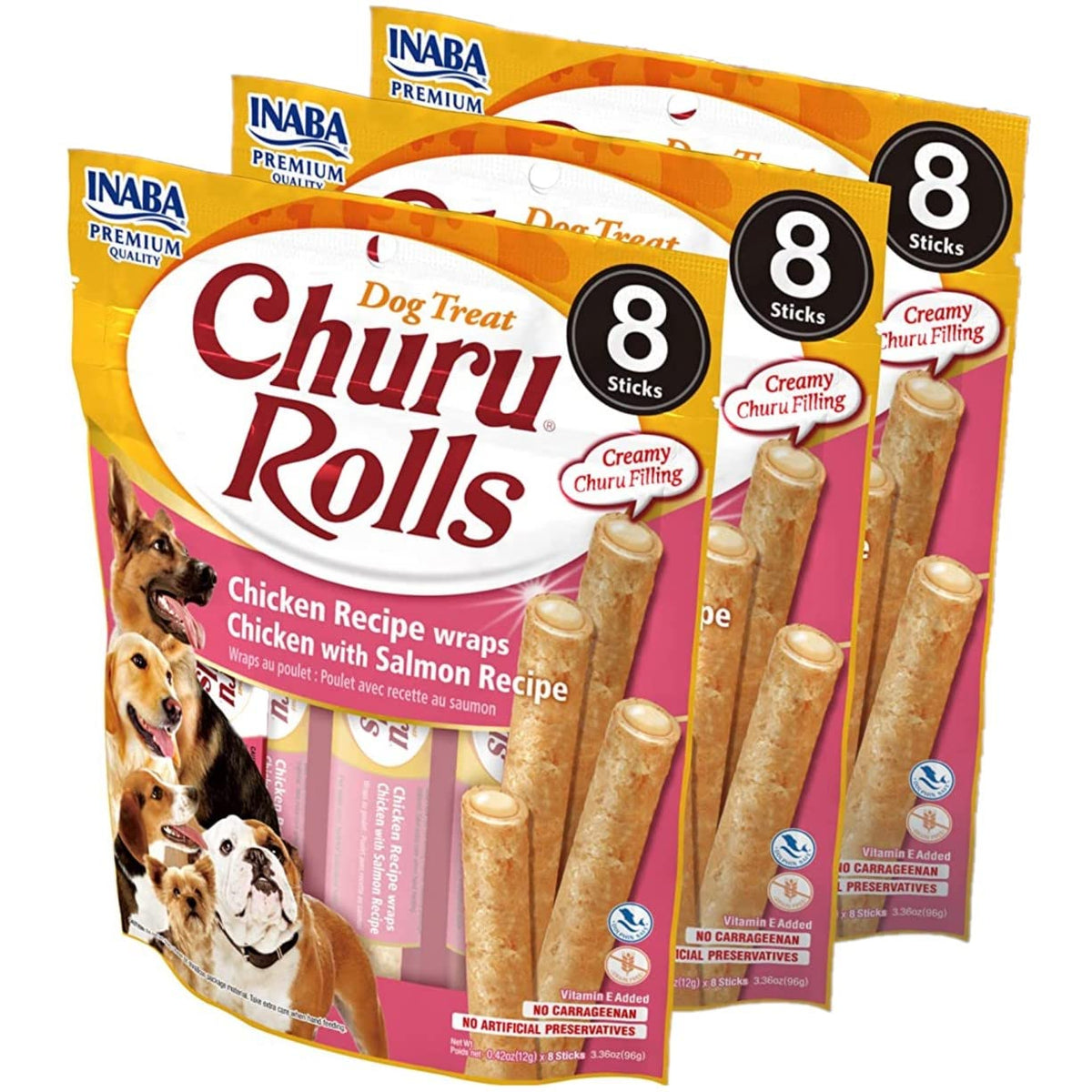 Inaba Churu Rolls For Dogs, Grain-Free, Soft/Chewy Baked Chicken Wrapped Churu Filled Dog Treats, 0.42 Ounces Each Stick| 8 Stick Treats Total, Chicken With Salmon Recipe