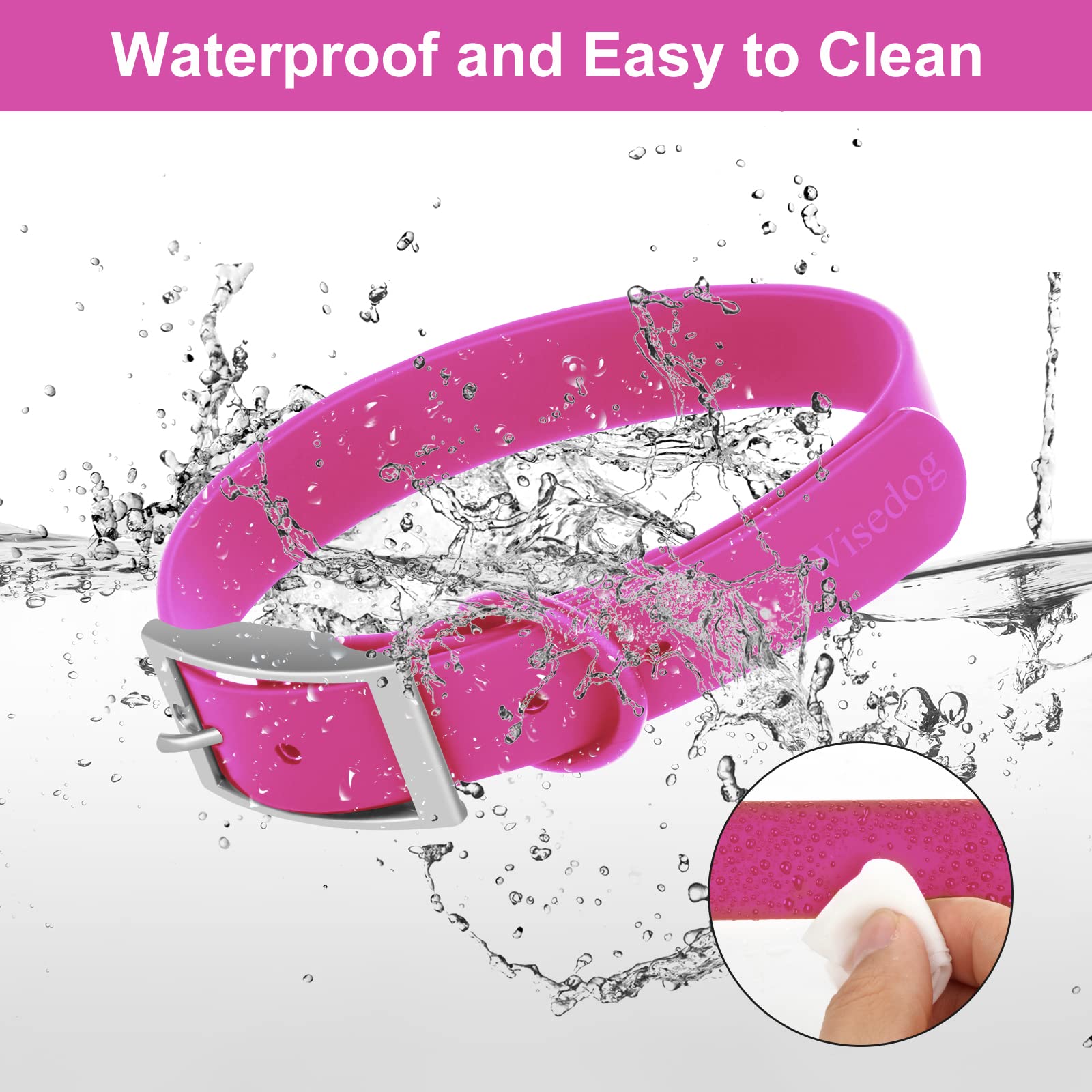 Wisedog Waterproof Dog Collar: Multiple Adjust 8.5” To 32.6”, Soft Rubber Coated Webbing, Easy To Clean, For Small Medium Large Dogs (L(Length:15'-19'; Width:1'), Rose Violet)