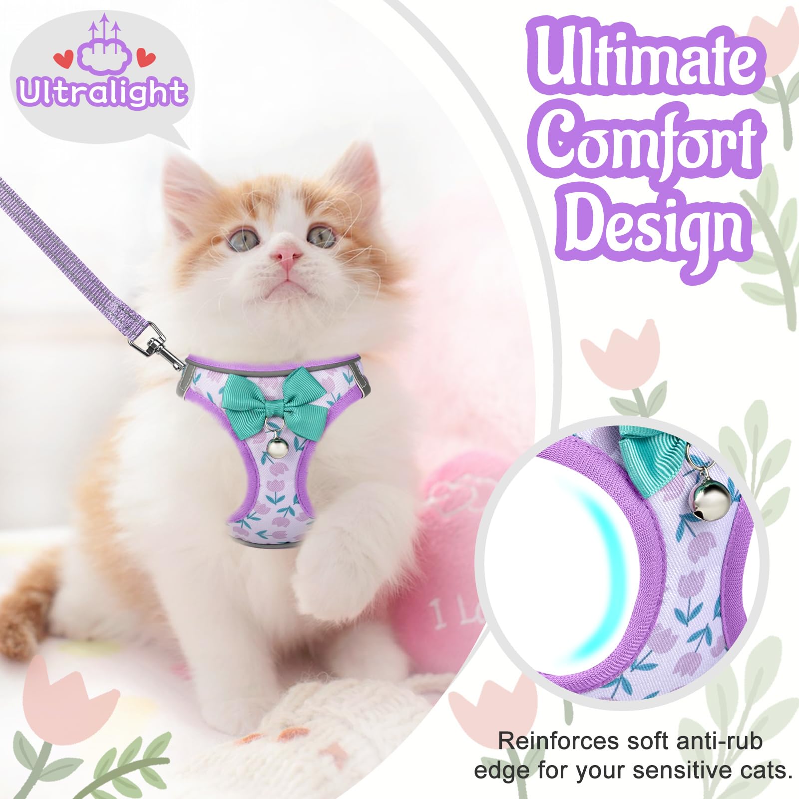 SALFSE Cat Harness and Leash Escape Proof for Walking, Adjustable Soft Kitten Harness with Reflective Straps Step in Cat Vest Ha