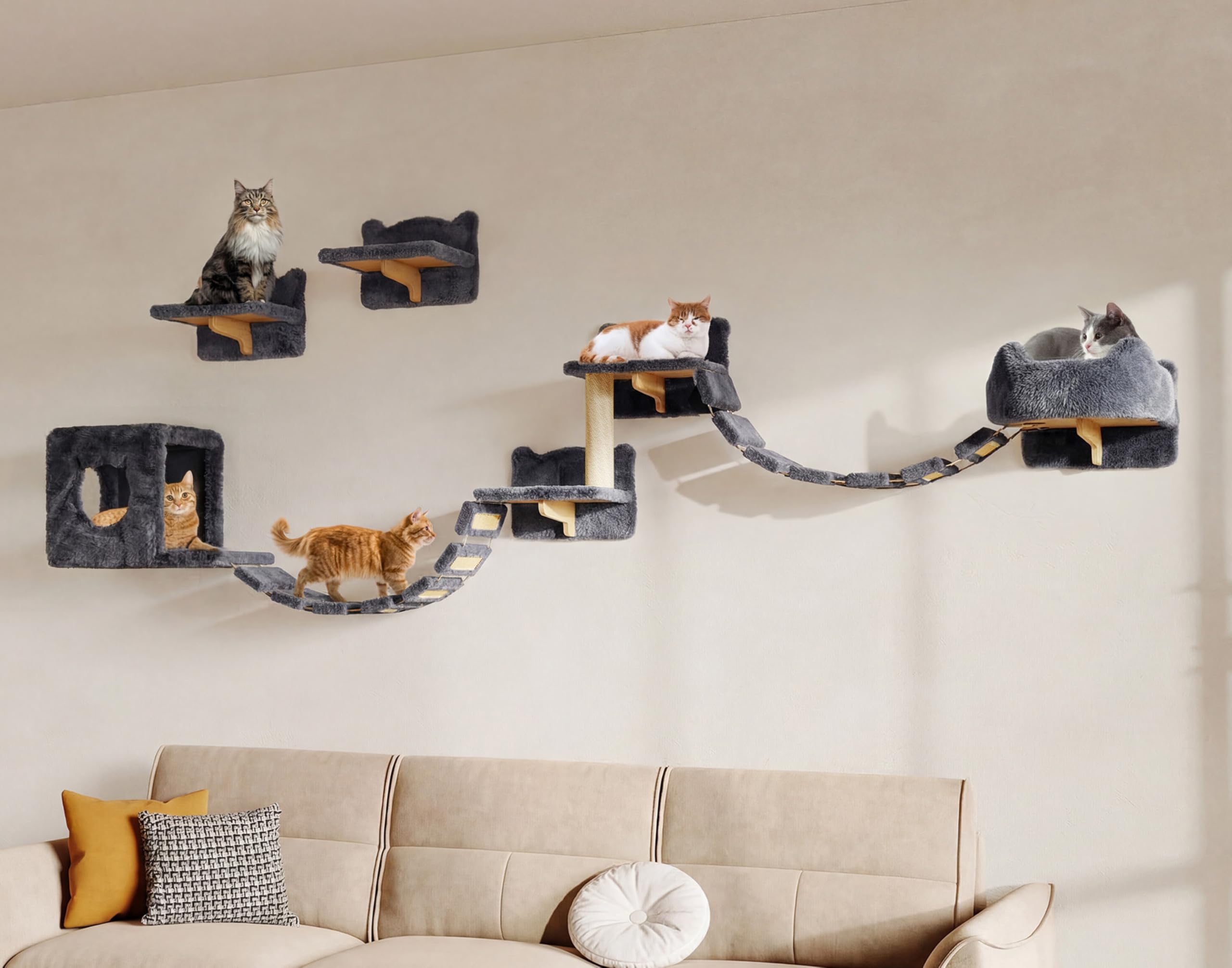 Homiflex 16-in-1 Cat Wall Shelves, Wall Mounted Cat Furniture Set w/Plush Fabric, Cat Climbing Wall Systems, Cats Shelf with 40
