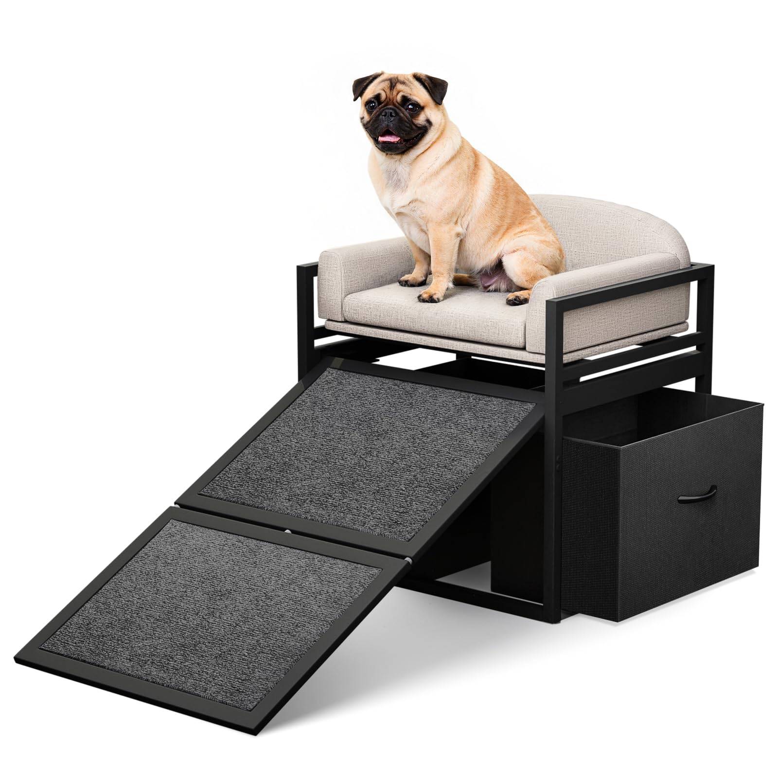 Clioran Non Slip Dog Ramp with Seat & Storage Drawers,Extra Wide Doggie Stairs,Metal Frame Puppy Chair for High Bed Couch Office