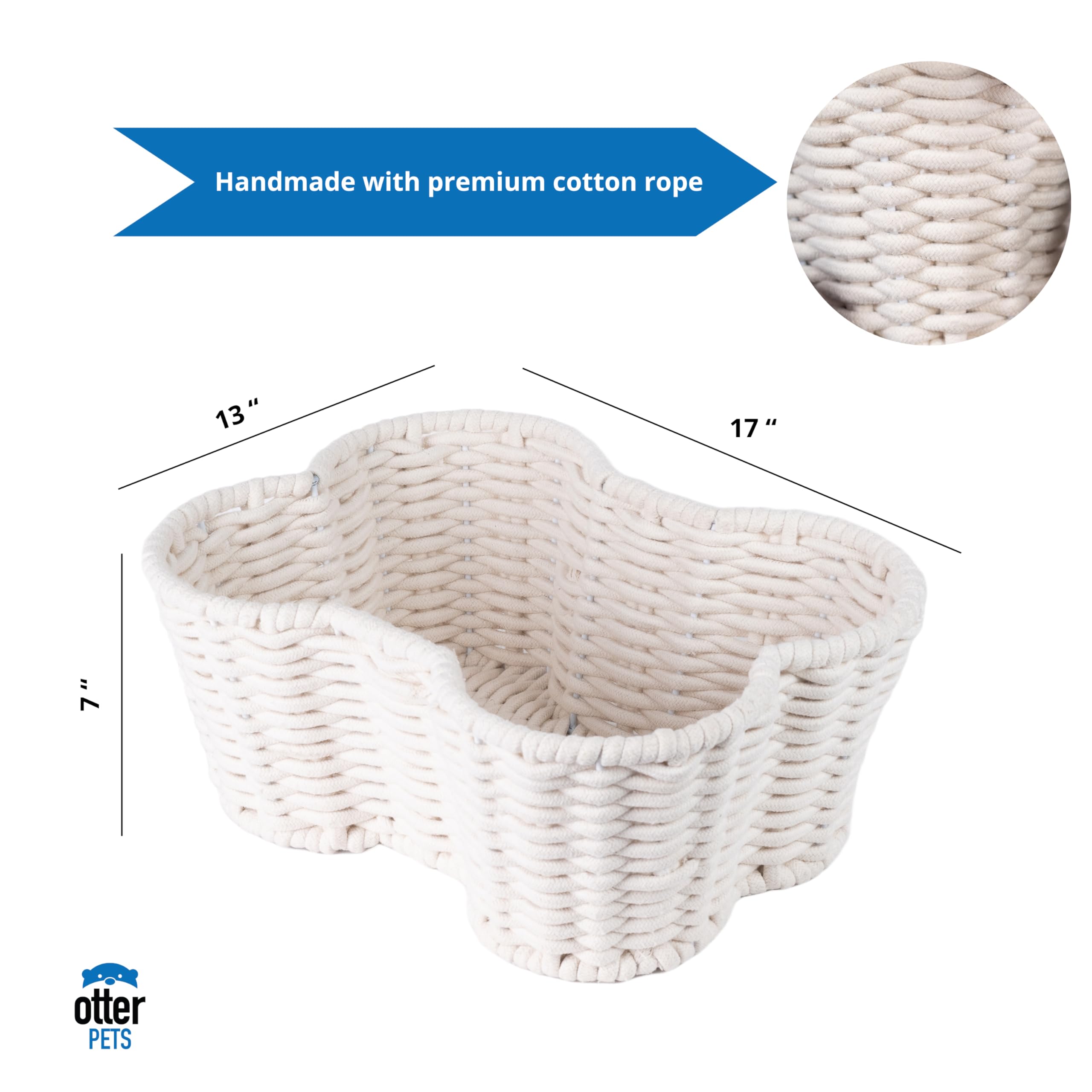 OtterPets Dog Toy Basket, Handmade Dog Toy Bin, Bone Shaped Pet Organizer, Cat Storage Box (Cotton Rope, 17x13in)