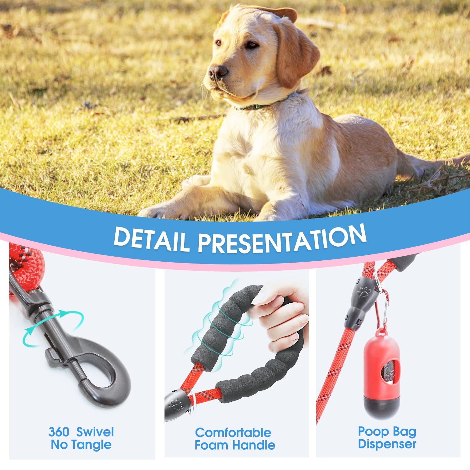 Baapet 2/4/5/6 Ft Dog Leash With Comfortable Padded Handle And Highly Reflective Threads For Small Medium And Large Dogs (4Ft-1/2'', Red)
