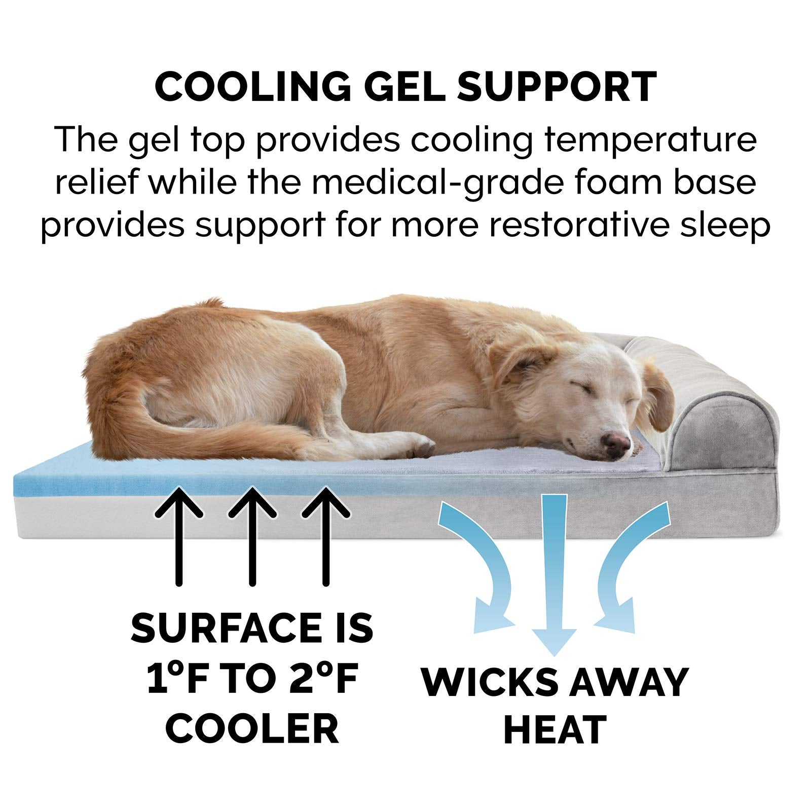 Furhaven Cooling Gel Dog Bed for Large/Medium Dogs w/ Removable Bolsters & Washable Cover, For Dogs Up to 55 lbs - Faux Fur & Ve