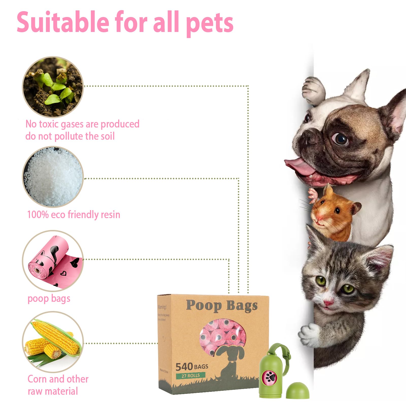 Yingdelai Dog Poop Bag Biodegradable - 540 Count Dog Waste Bags With Dispenser, Extra Thick Strong Leak Proof Poop Bags For Dogs Doggy | Scented Pink