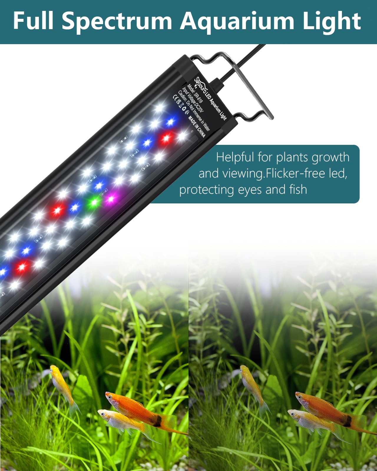 Seaoura Led Aquarium Light For Plants-Full Spectrum Fish Tank Light With Timer Auto On/Off, 48-54 Inch, Adjustable Brightness, White Blue Red Green Pink Leds With Extendable Brackets For Freshwater
