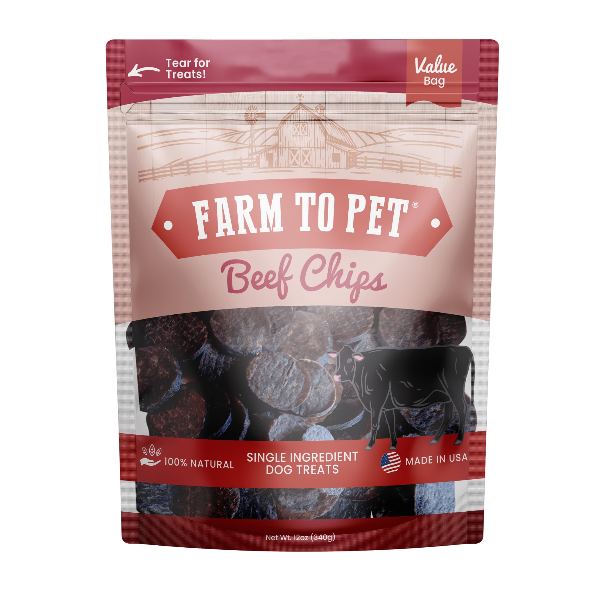 Farm To Pet - Dog Training Treats - 12 oz Beef Chips, Single Ingredient, Lean, All Natural, Healthy Dog Treats for Small, Medium